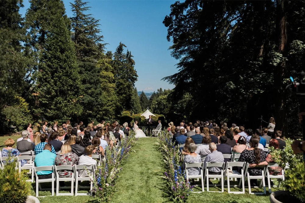 Lessons in business reflected through a beautifully planned outdoor wedding ceremony with guests seated in a lush garden setting.