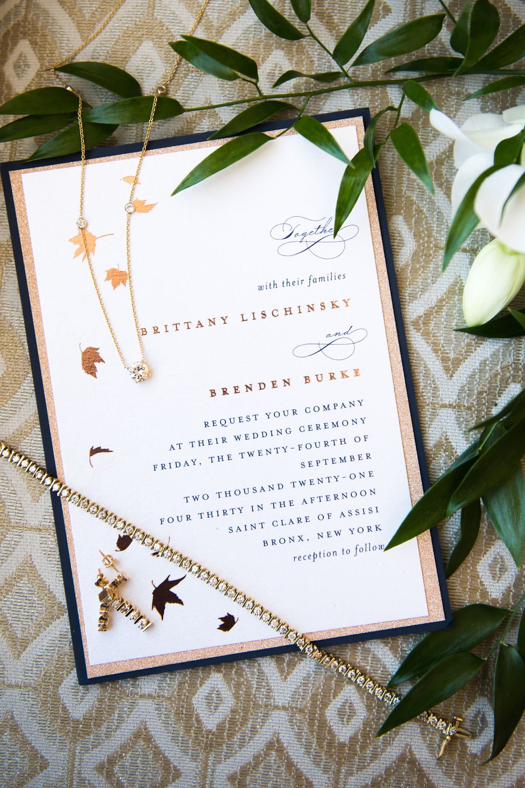 Gold fall wedding invitations for a wedding in Westchester, New York
