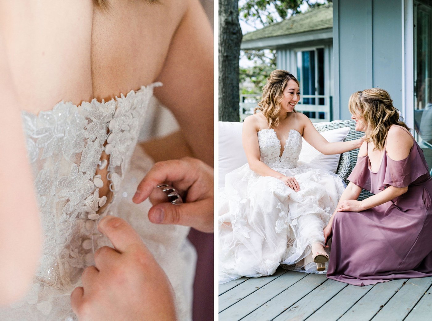 Bride in a strapless floral lace wedding gown by Stella York