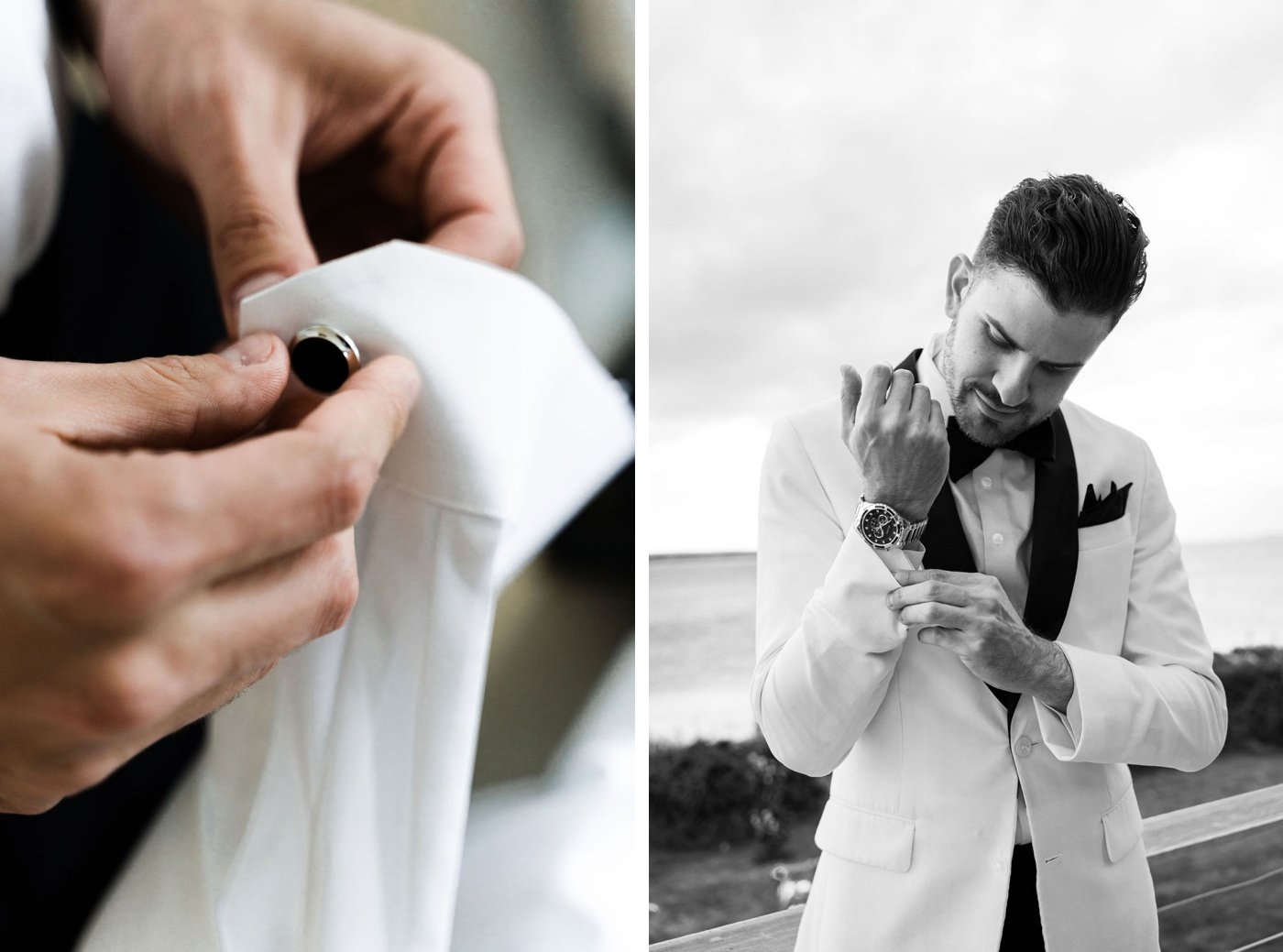 Groom in a white dinner jacket with black lapels by The Black Tux