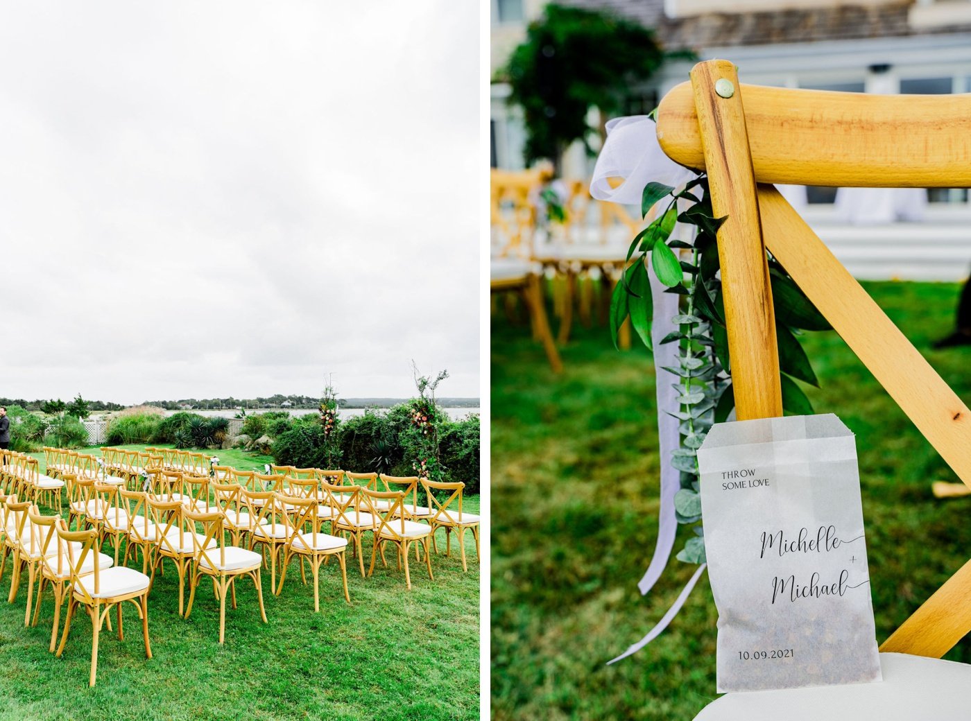 Wooden bistro chairs with ivory linen cushions for a backyard wedding ceremony