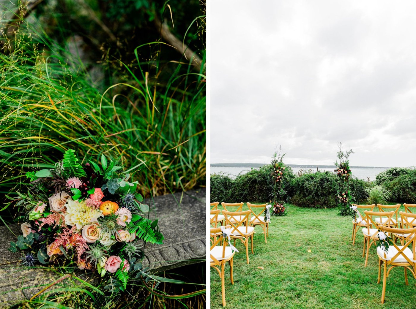 Wooden bistro chairs with ivory linen cushions for a backyard wedding ceremony