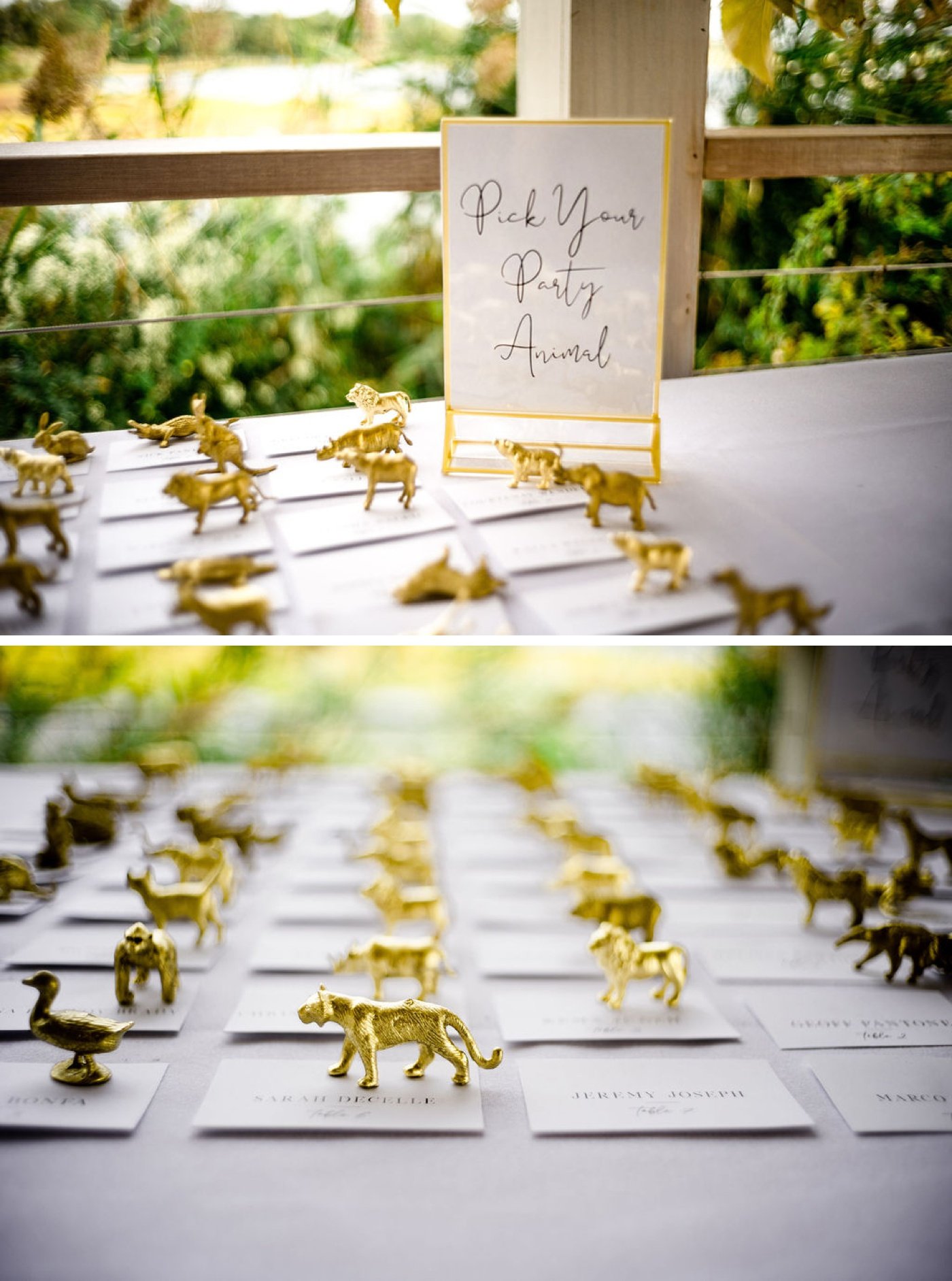 Golden animal-shaped paperweights on top of escort cards at a wedding reception