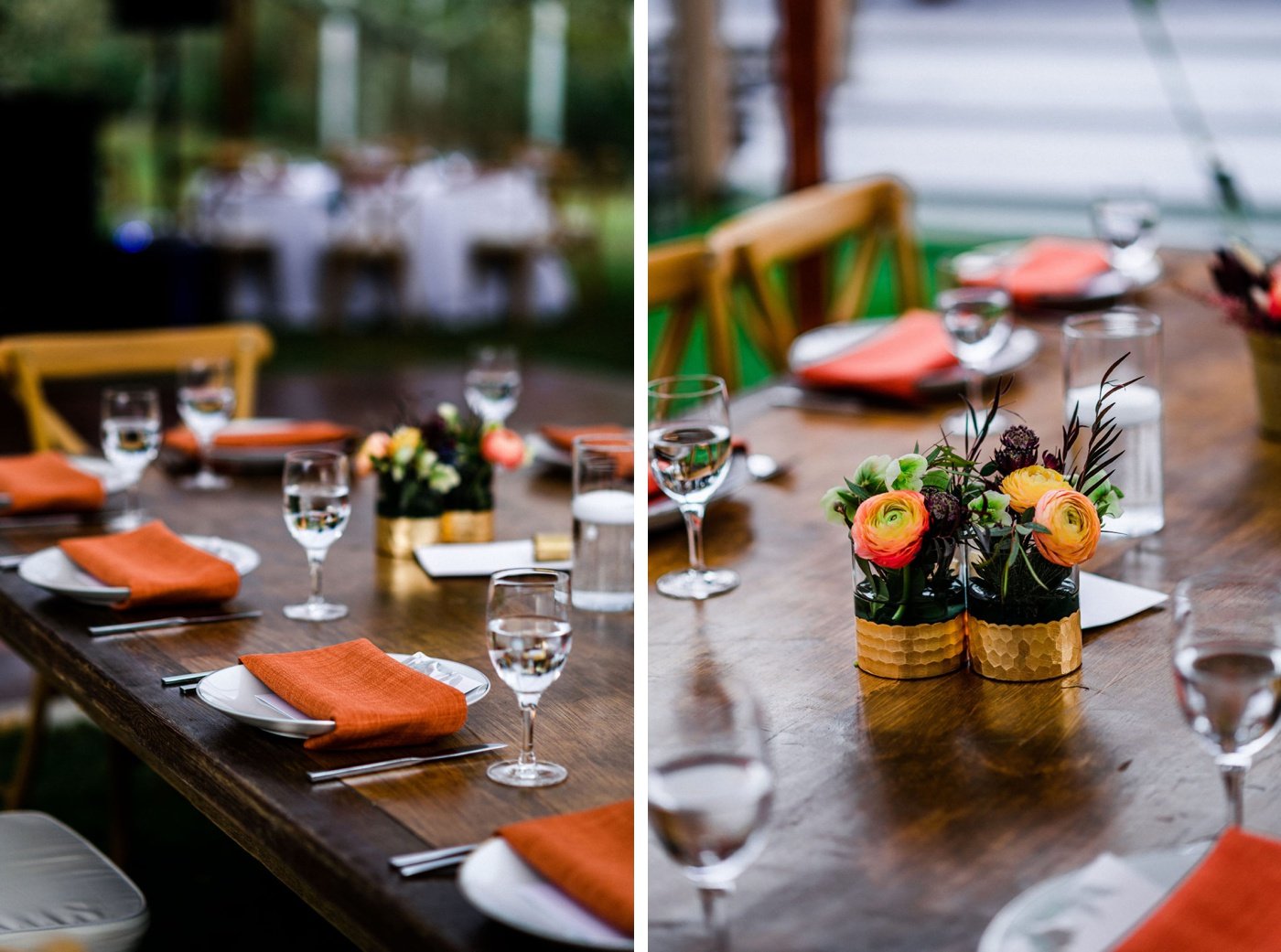 Wooden bistro chairs, red linen napkins, and gold honeycomb bud vases for a wedding reception