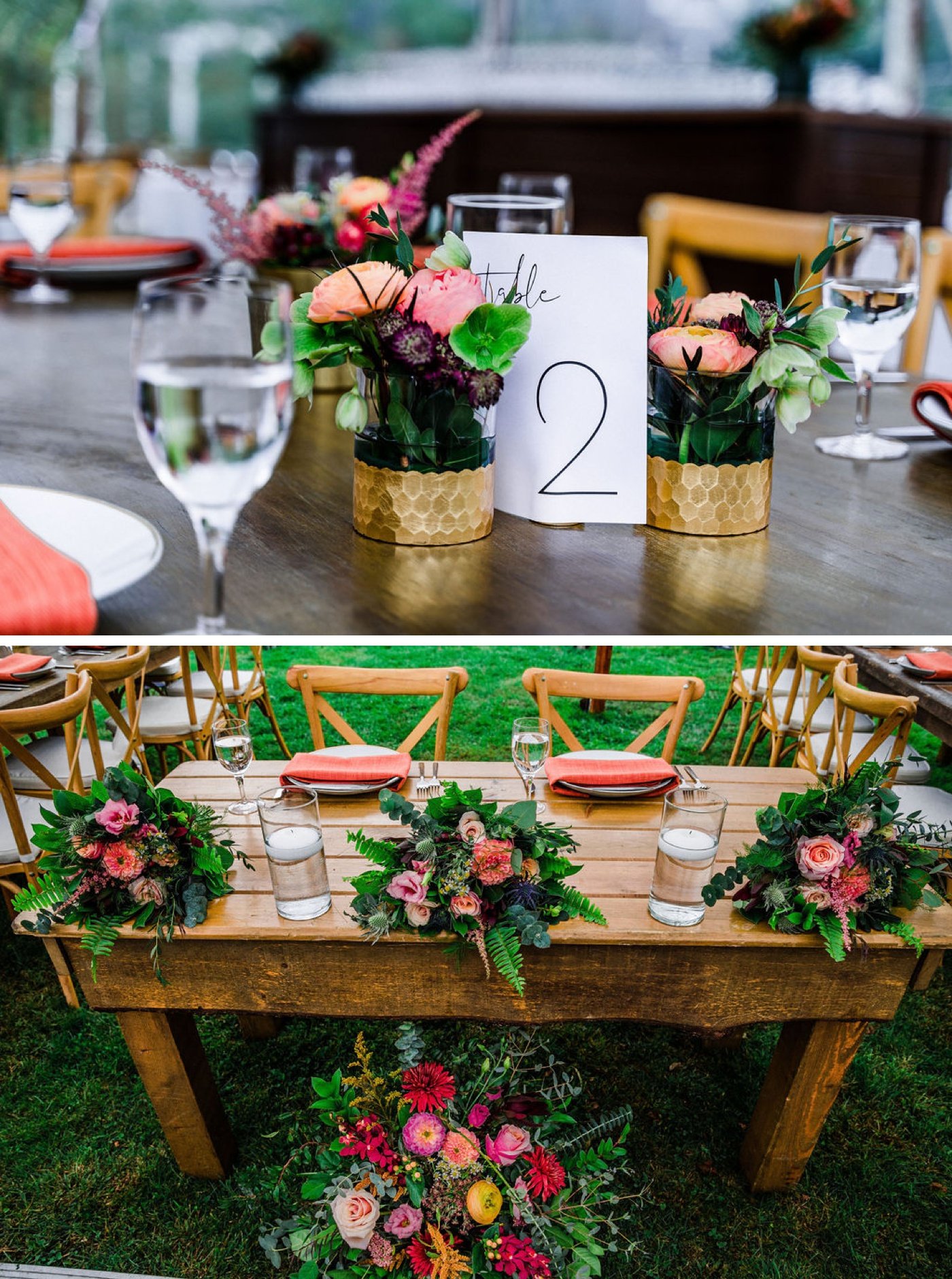 Wooden bistro chairs, red linen napkins, and gold honeycomb bud vases for a wedding reception
