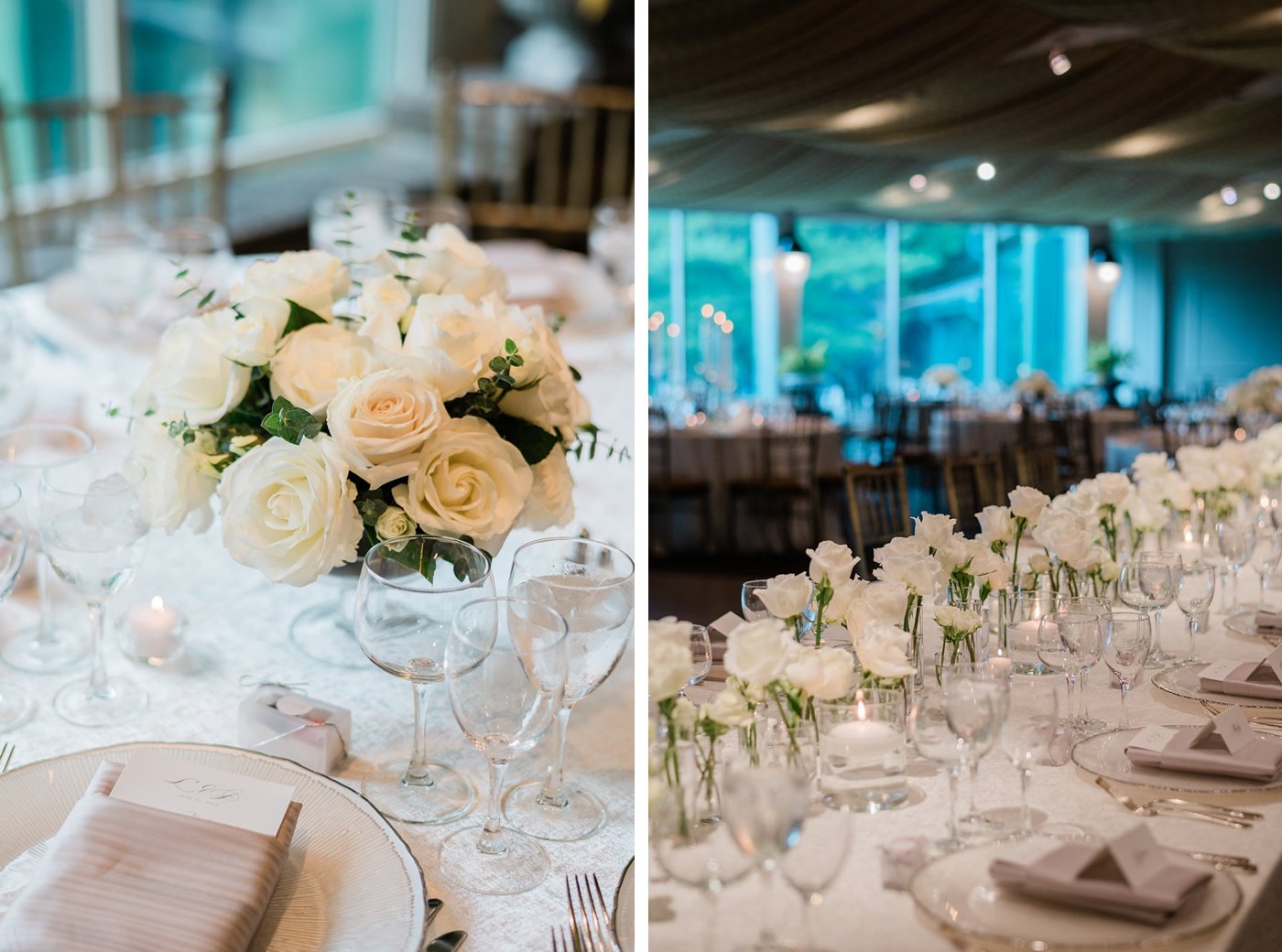White florals and pastel mauve napkins for a wedding reception