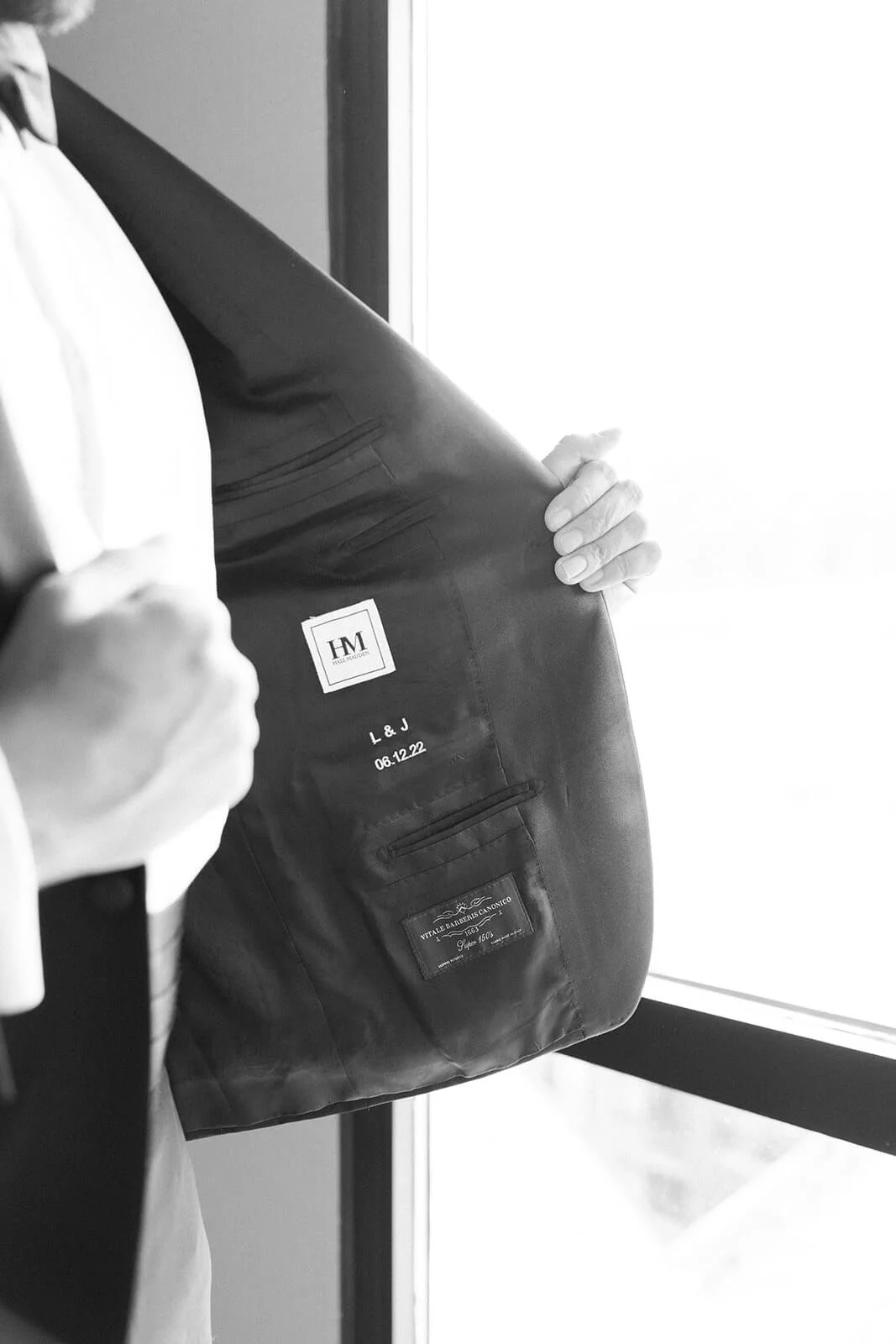 Grooms suit jacket with a custom monogram