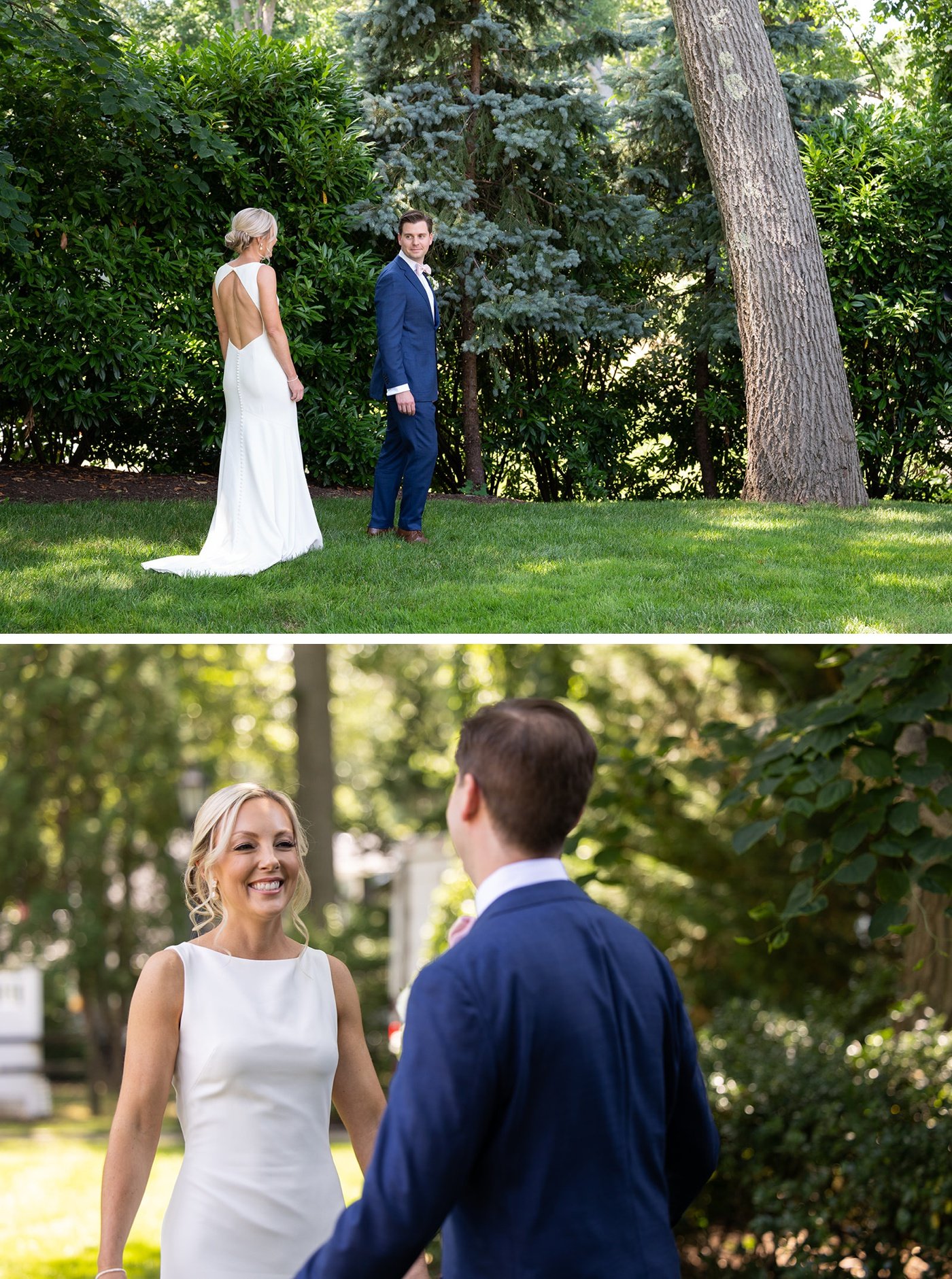 Bride and groom having a first look before their backyard wedding in New York