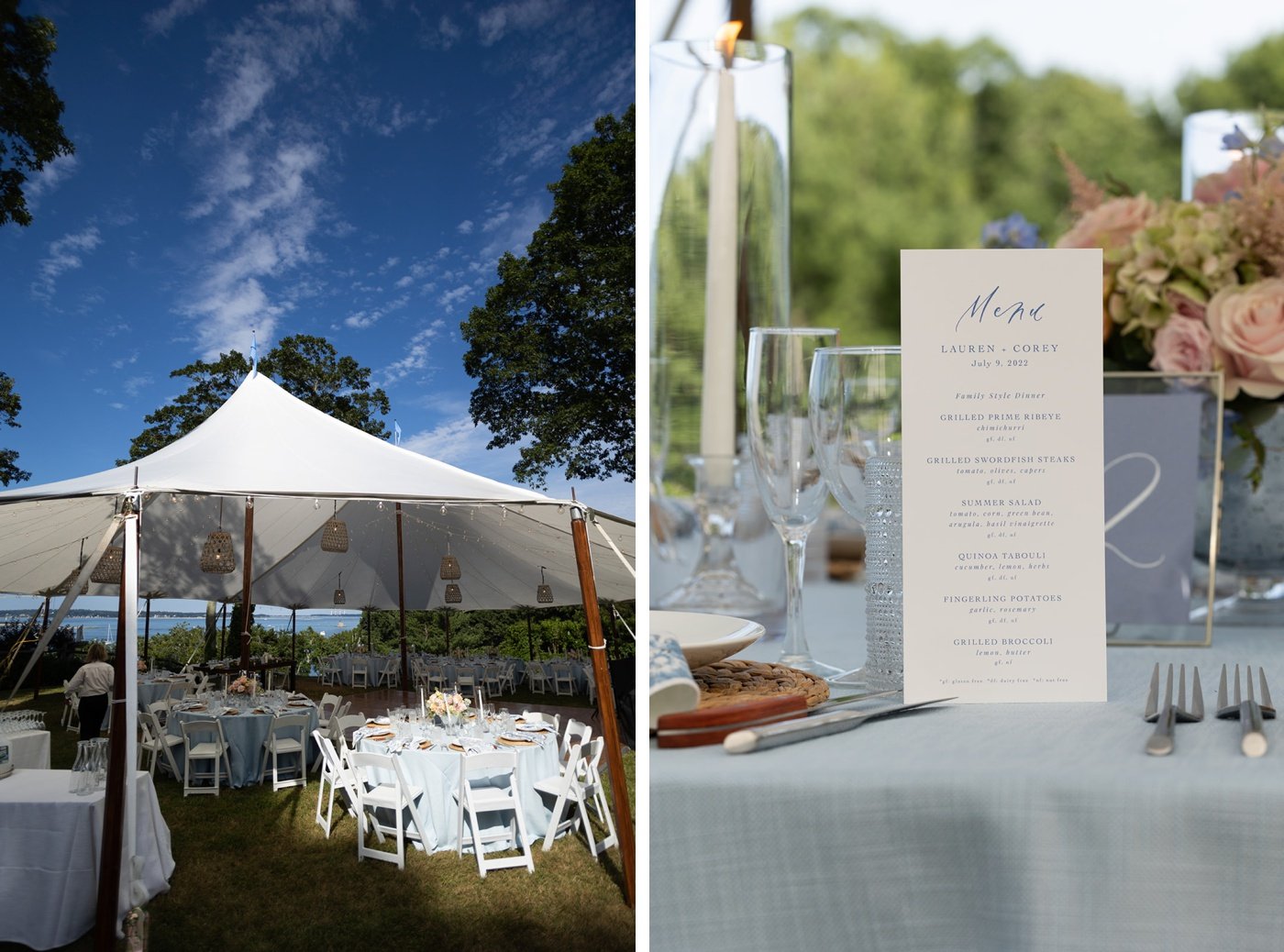 Sailcloth tent with hanging rattan lanterns at a backyard wedding in New York