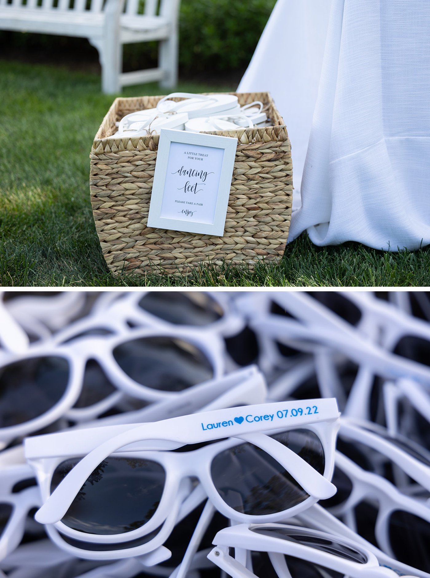 Customized sunglasses and flip-flops for guests at an outdoor wedding