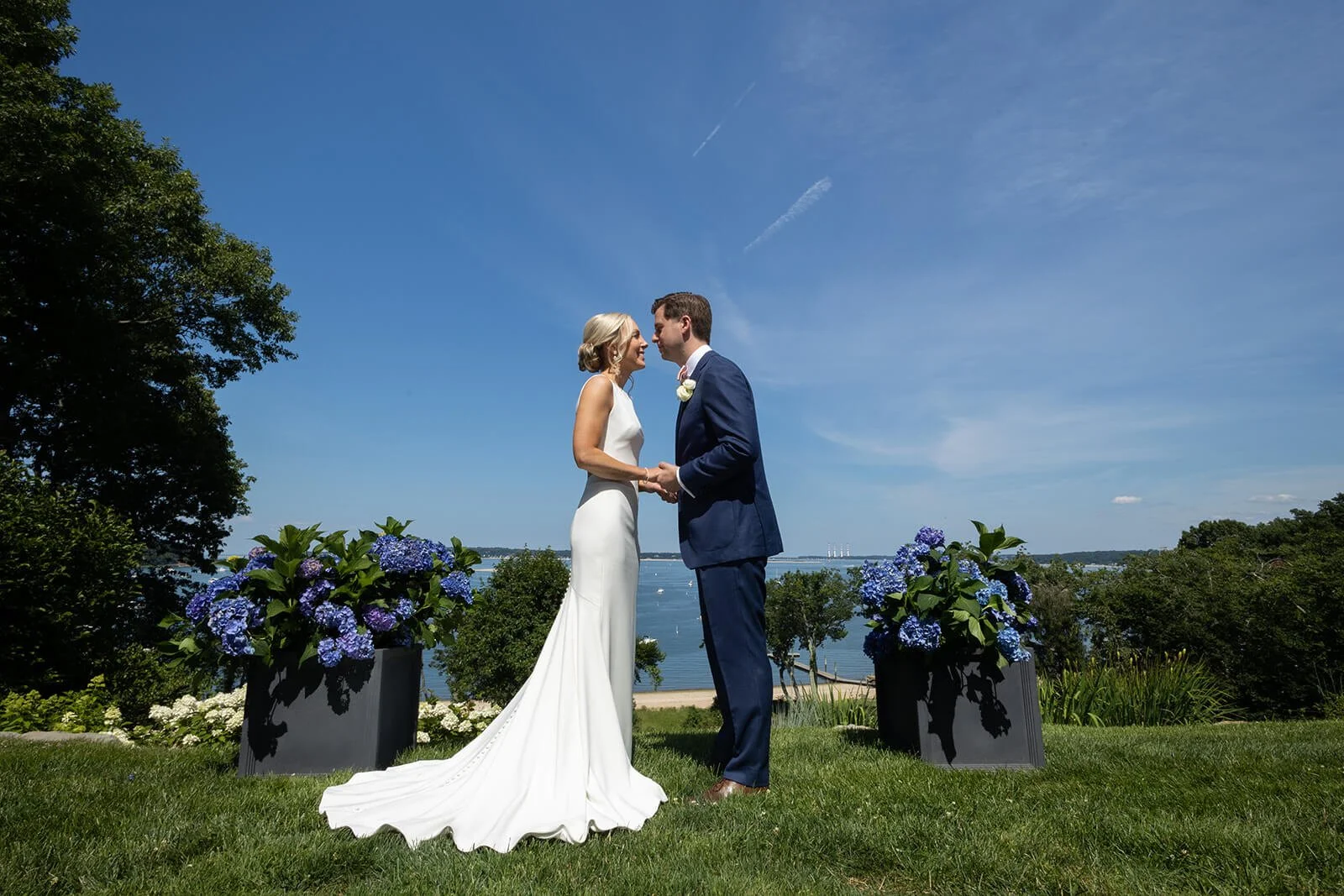 Couples wedding day portraits at a private residence on Long Island, overlooking Huntington Bay.