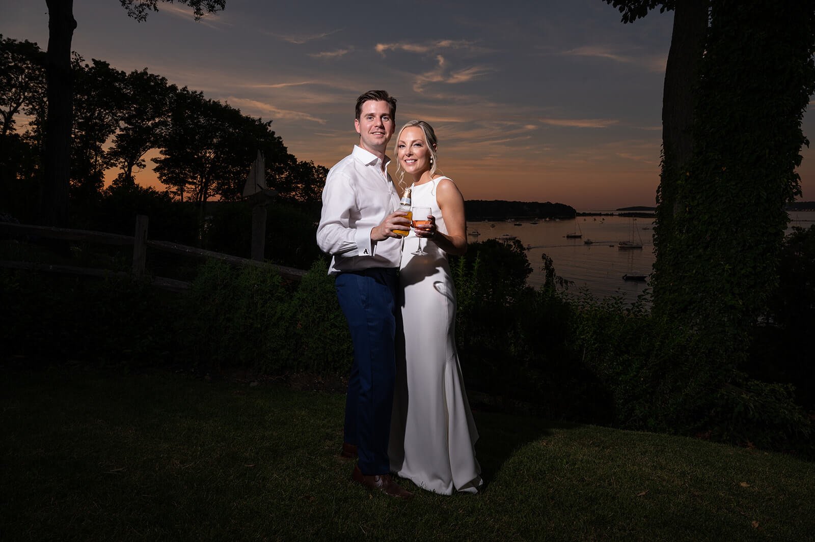 Sunset bride and groom portraits at their Long Island wedding, Sunset bride and groom portraits, Long Island, overlooking Huntington Bay