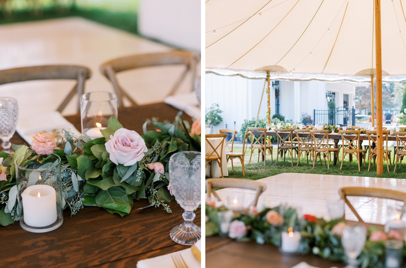 Floral garland centerpiece with pink and coral roses by Urban Bloom