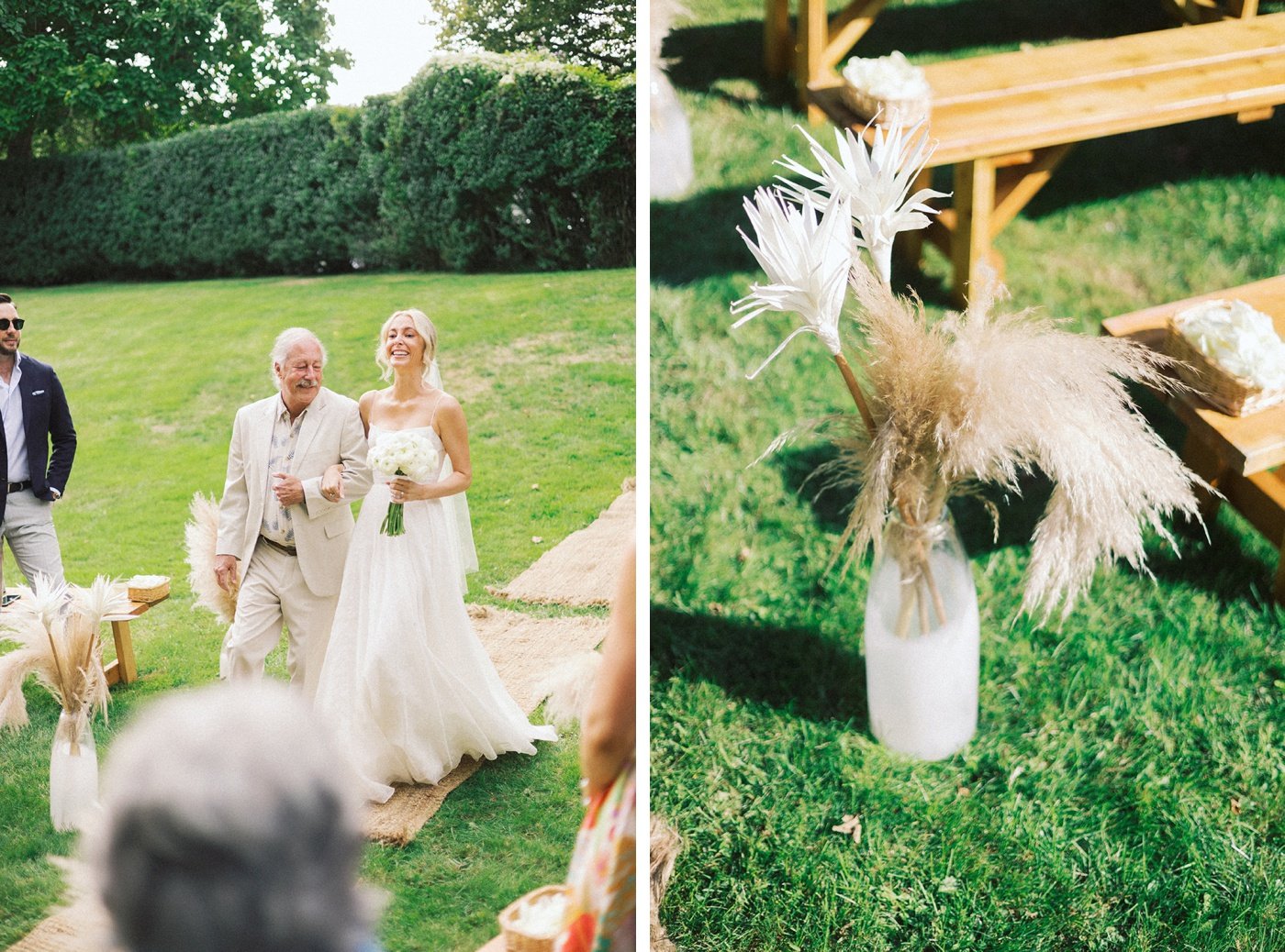 Rattan rugs and clear vases with pampas grass to decorate a boho outdoor wedding ceremony