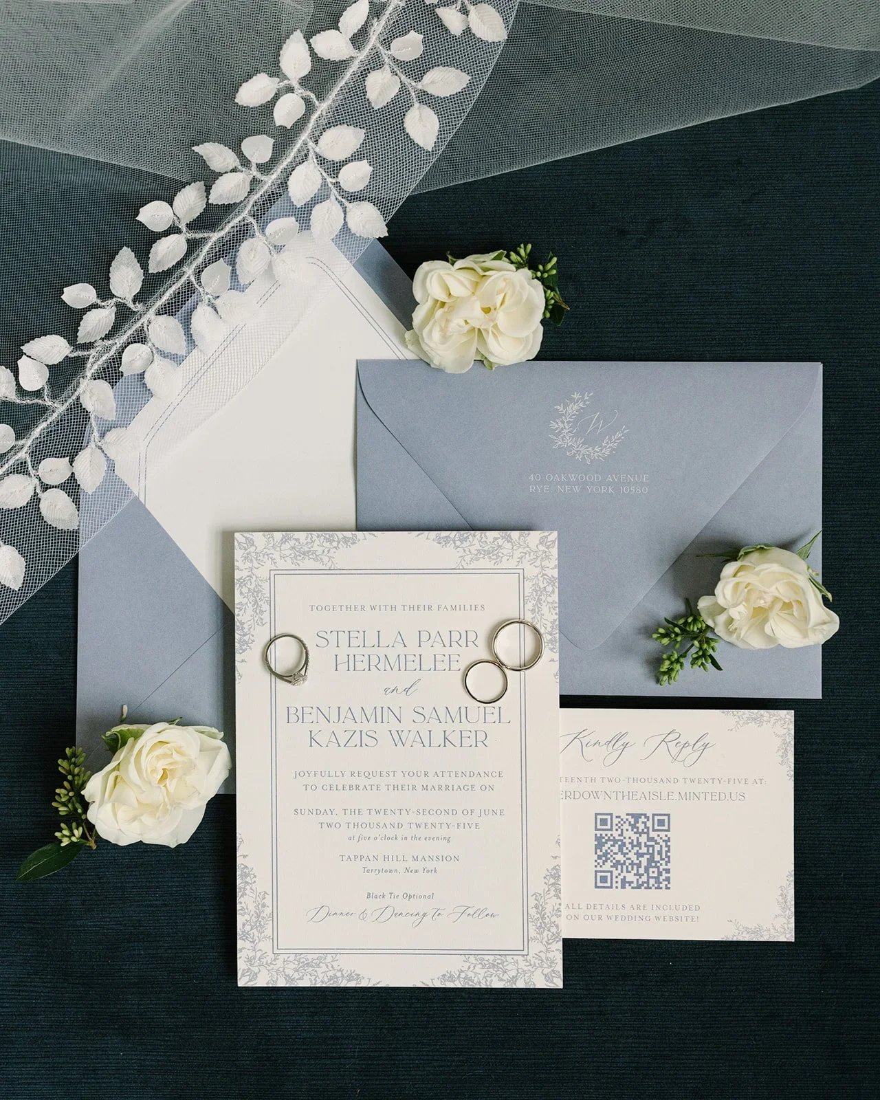 Flatlay of elegant wedding invitations with soft neutral tones and refined typography for a jewish wedding in New York