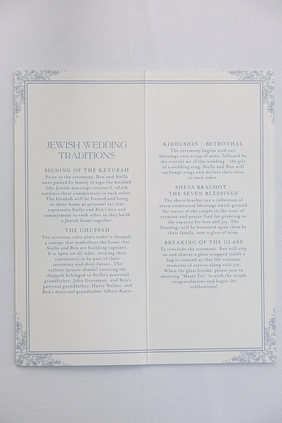 Sign displaying Jewish wedding traditions in the couple’s wedding color palette