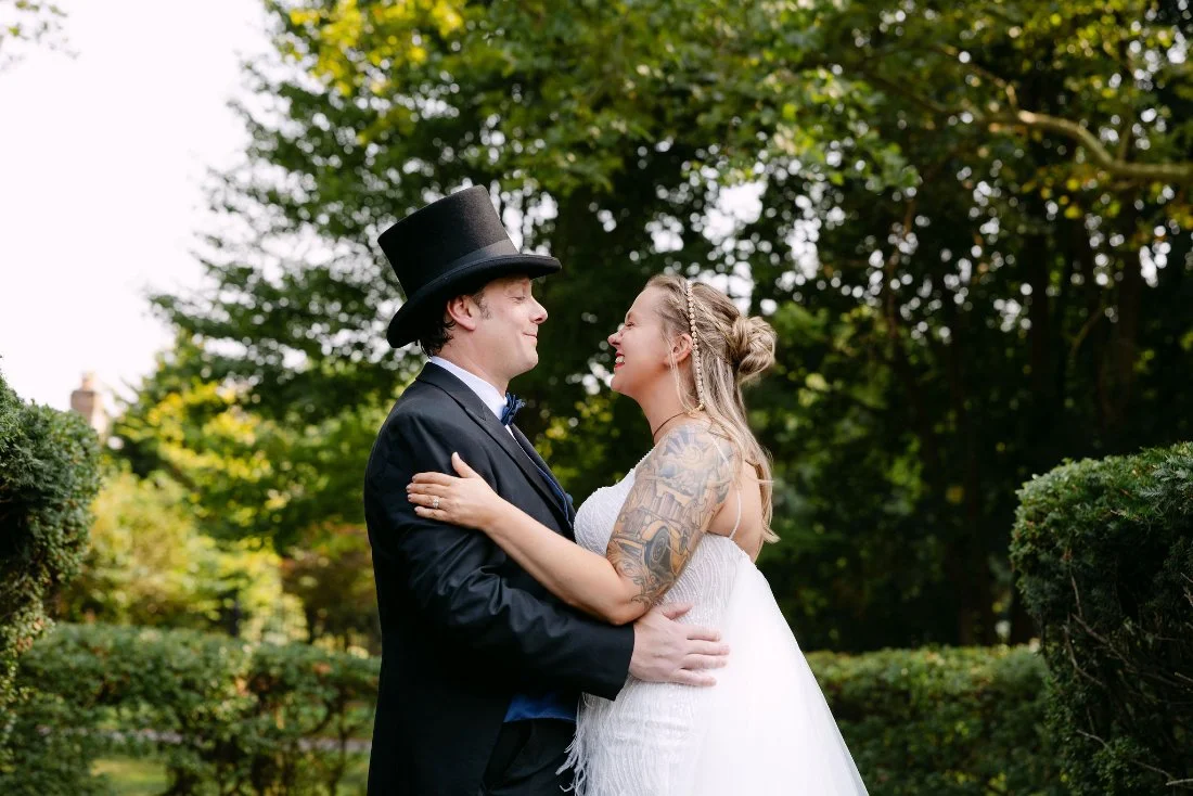 Candid moment between bride and groom after first look during outdoor wedding in New York