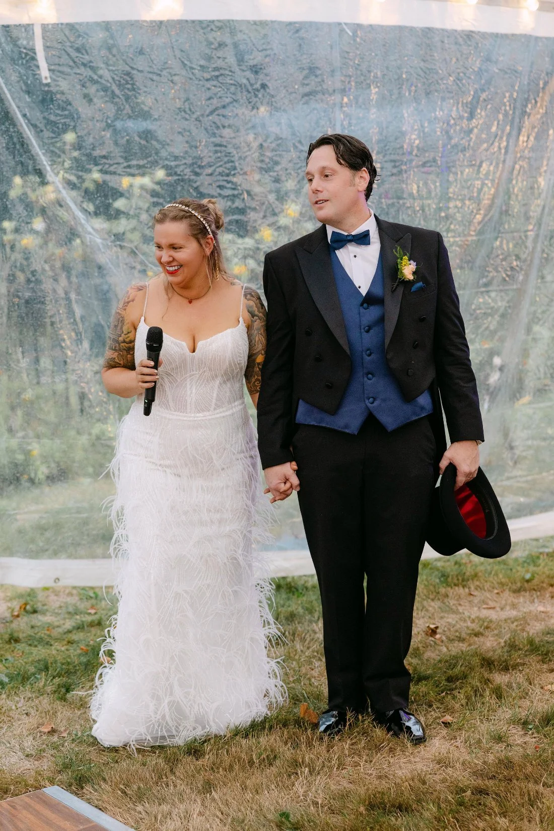 Bride and groom giving a heartfelt speech during their outdoor wedding in New York