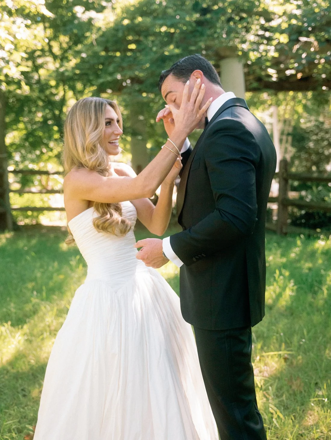 Bride and groom seeing each other for the first time during their Hamptons wedding first look.