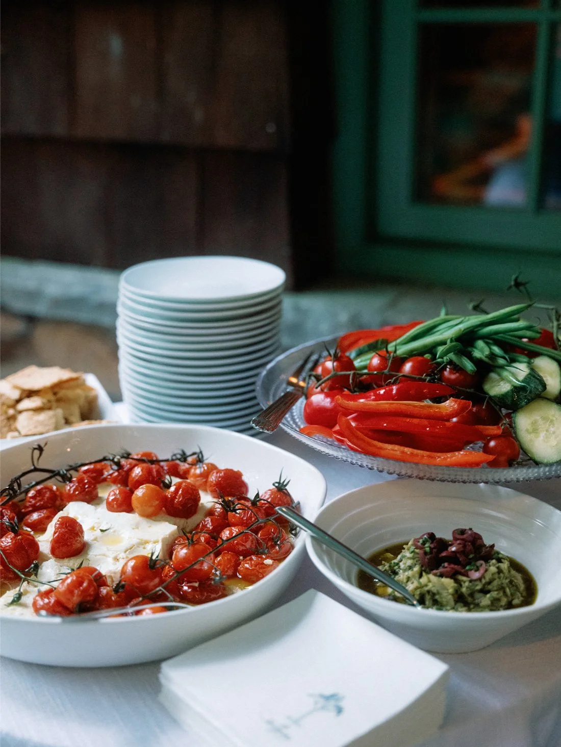 Elegant food display set up for guests at a private residence wedding in Water Mill.