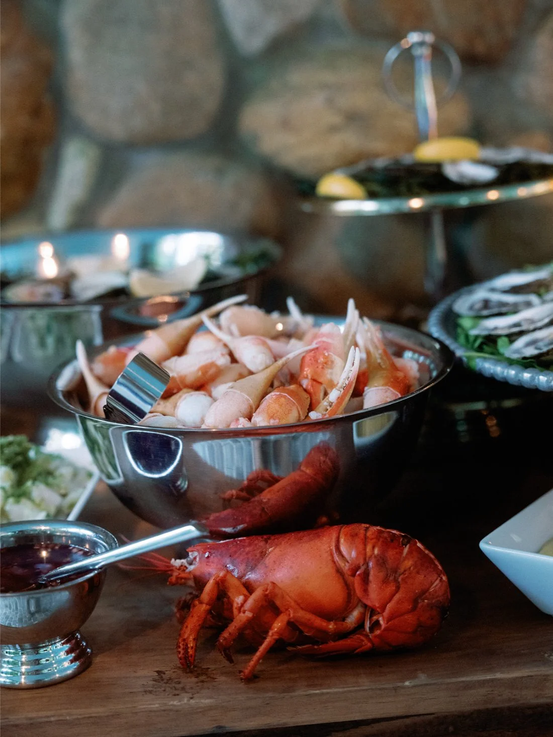 Seafood and lobster station featured at a luxury Hamptons wedding reception.