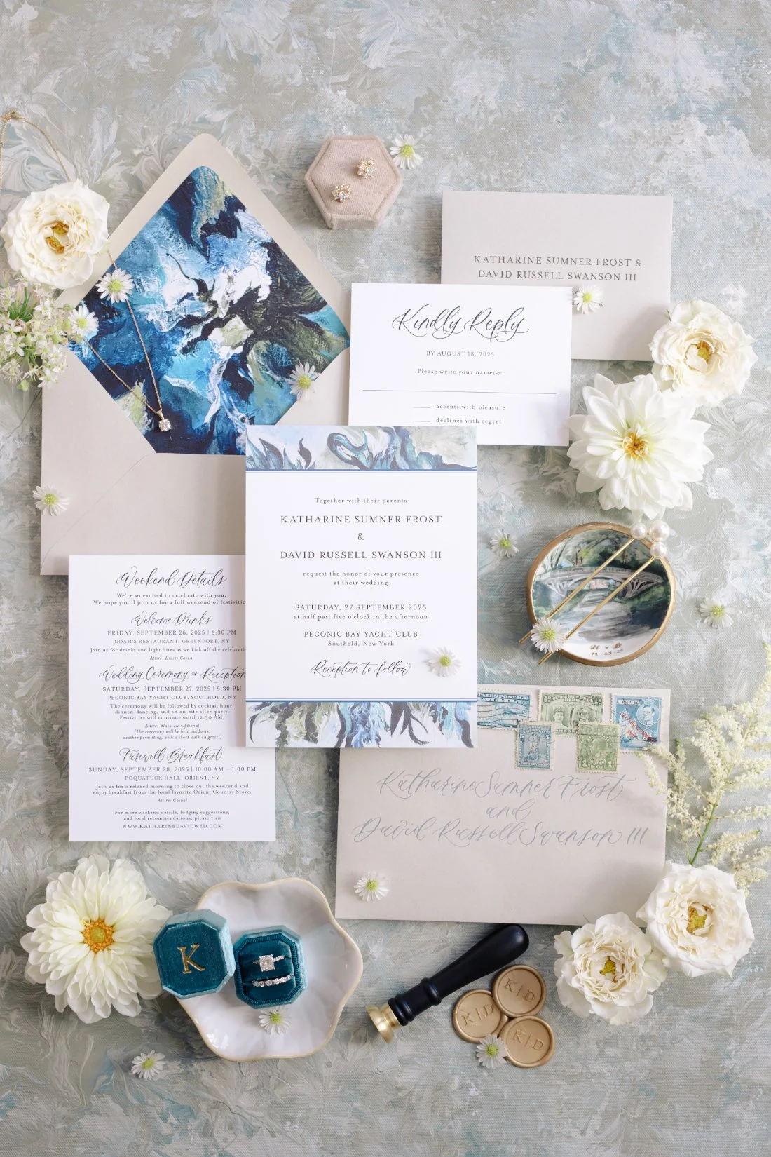 Wedding invitation suite with blue watercolor details and florals for Peconic Bay Yacht Club wedding