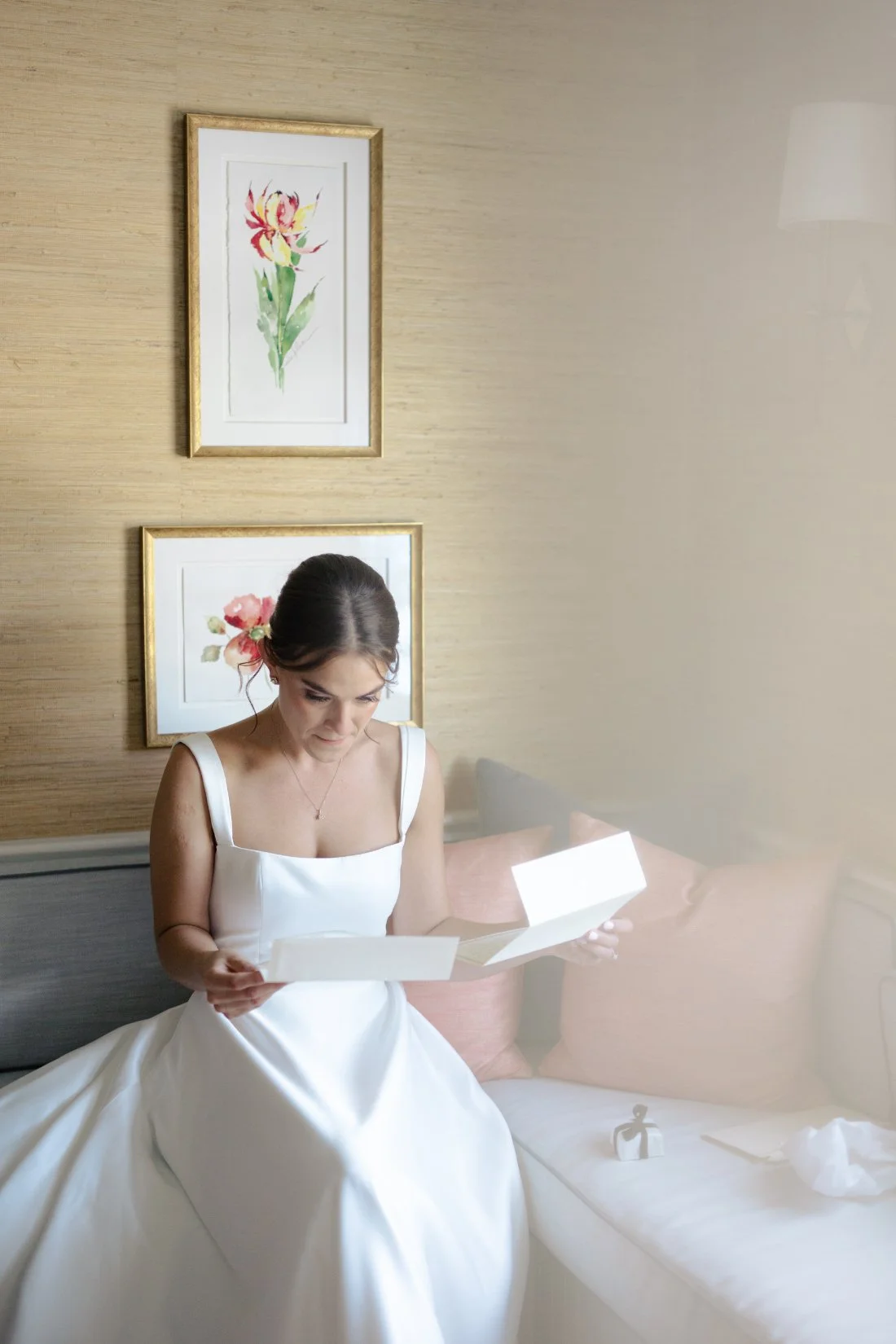Bride reading heartfelt letter before Peconic Bay Yacht Club wedding ceremony