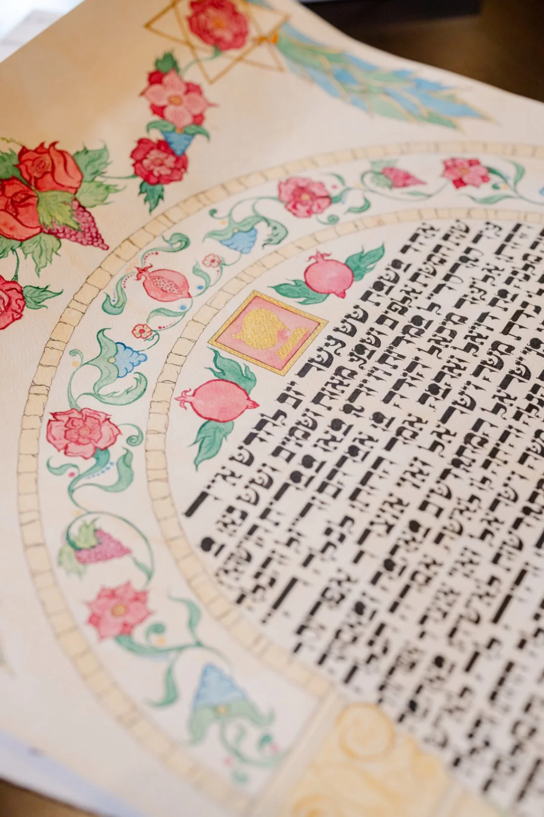 Hand-painted Ketubah with colorful floral details for a Quaker Ridge Golf Club wedding.