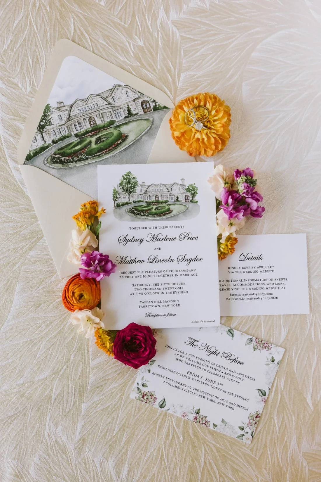 Custom Tappan Hill Mansion wedding invitation suite featuring a watercolor illustration of the venue and vibrant floral details.