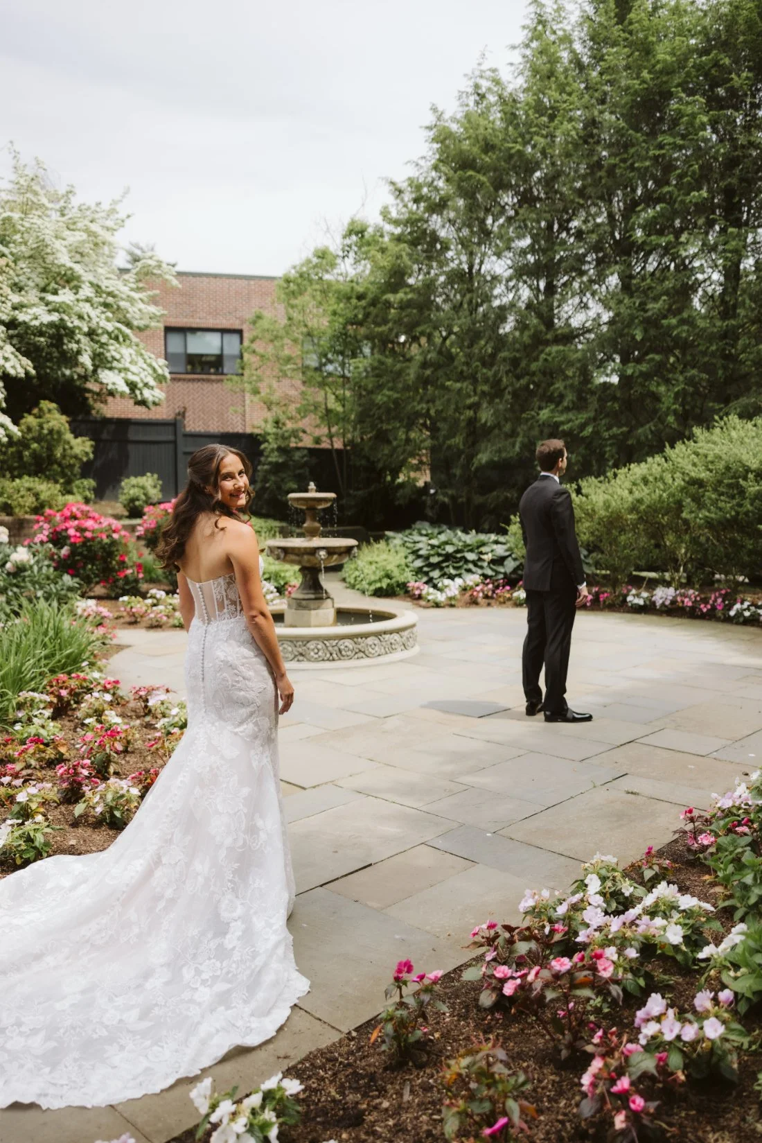 walking up to her groom for first looks