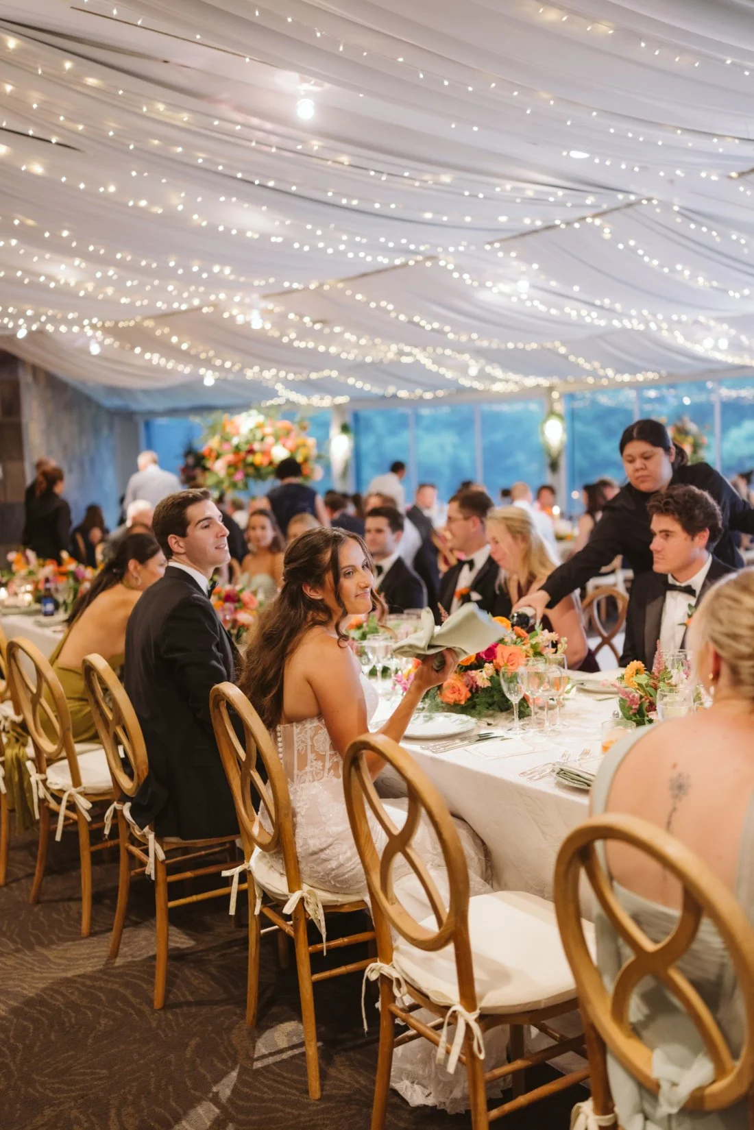 guests interacting at New York wedding in Tarrytown Tappan Hill Mansion wedding