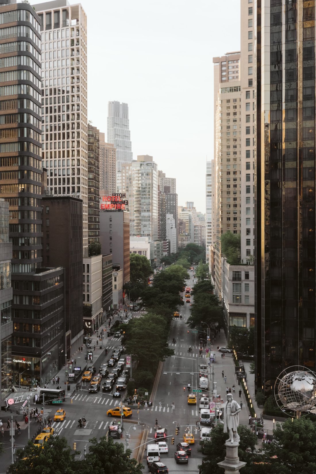 New York City skyline and Columbus Circle viewed from Robert restaurant during a wedding rehearsal dinner.