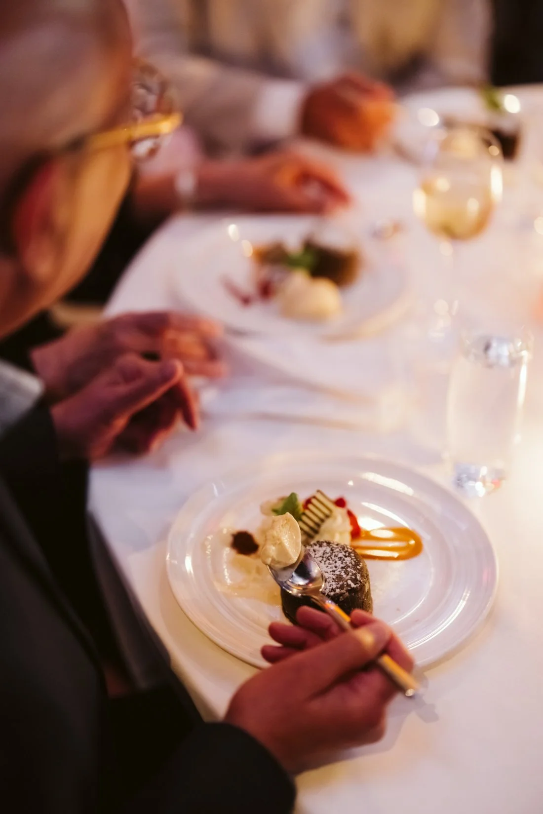Elegant plated dessert served to guests during a New York City wedding rehearsal dinner.