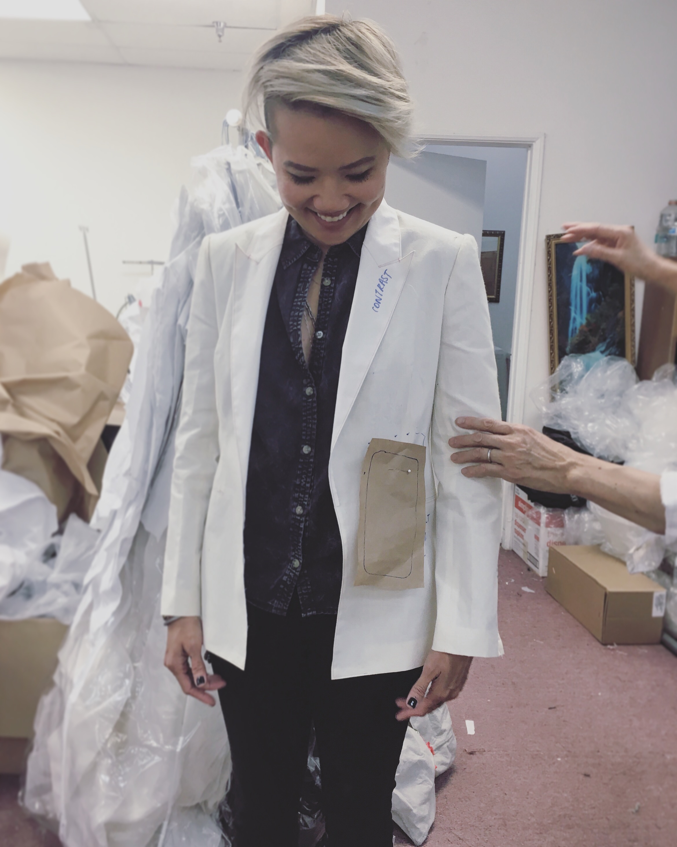 First muslin fitting for Chaie's bridal suit.
