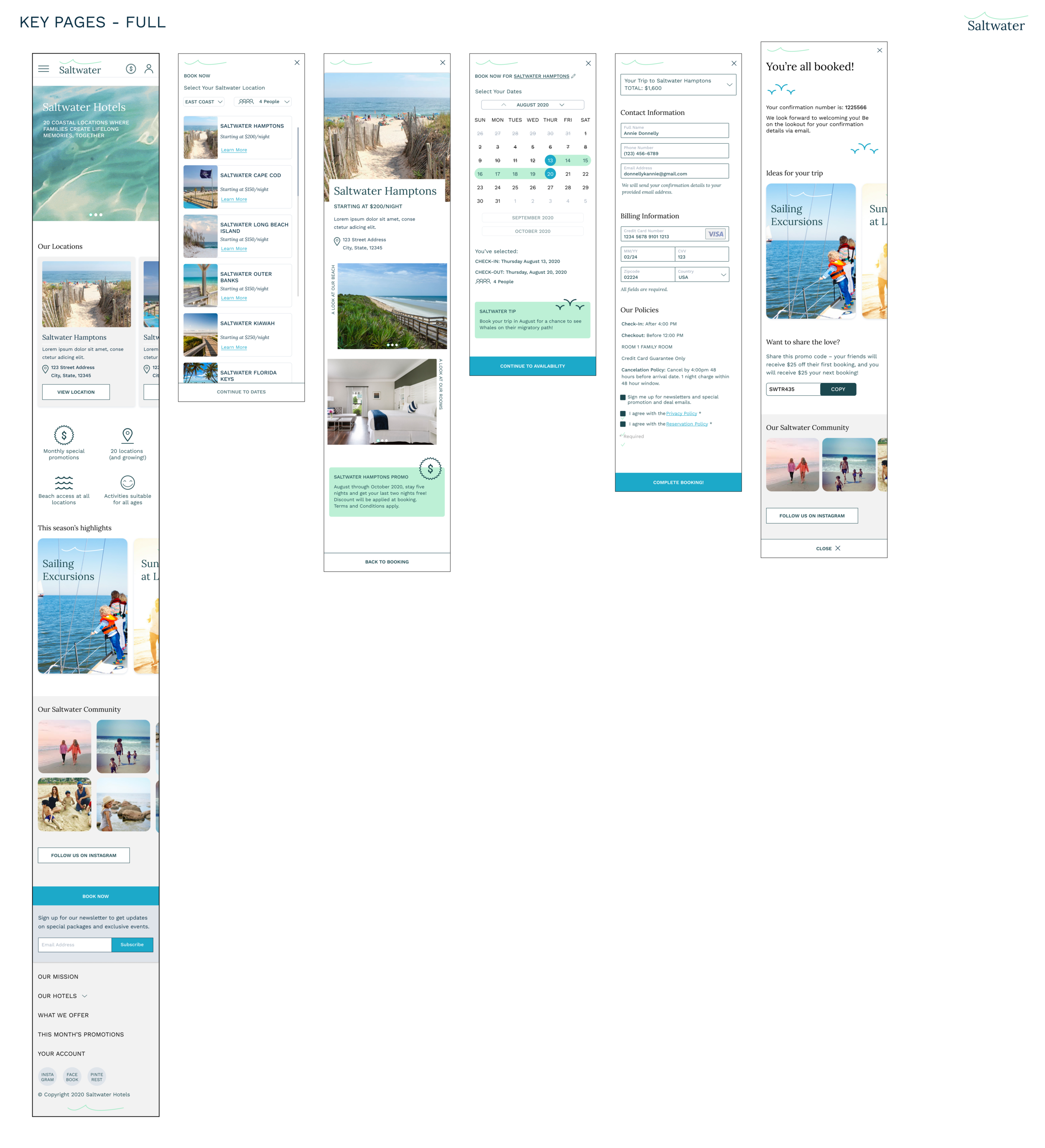 Here is a full-page view of a few key pages. From right to left: Homepage, Property Listing Page, Property Detail Page, Calendar/Date Selection Page, Checkout, Confirmation page.