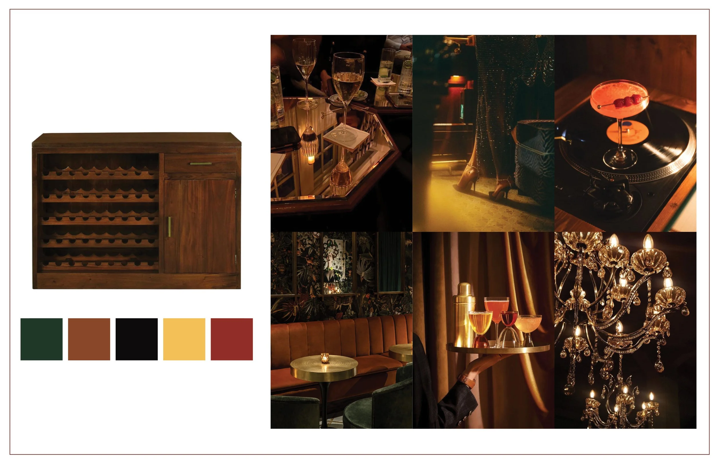 A collage of images featuring a dark wood wine cabinet, mixed alcoholic drinks, a woman in high heels at a nightclub, a glass of pink cocktail on a turntable, a cozy bar interior, a hand holding a tray with cocktails, and a sparkling chandelier.