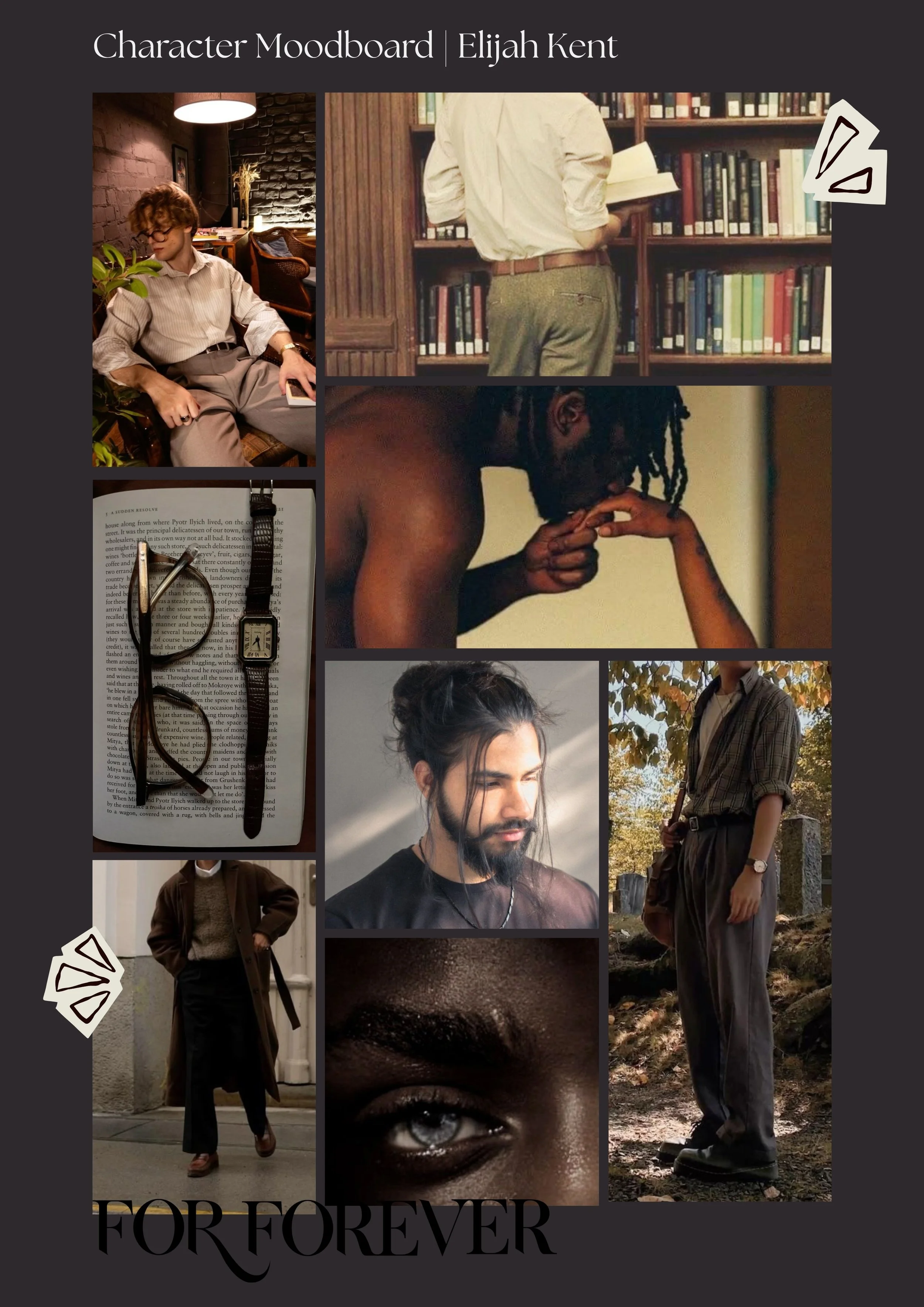A moodboard featuring various images of diverse people, including a person reading in a library, a shirtless man with dreadlocks, a man with long hair and a beard, a close-up of a blue eye, a person standing outdoors with autumn leaves, and a collect