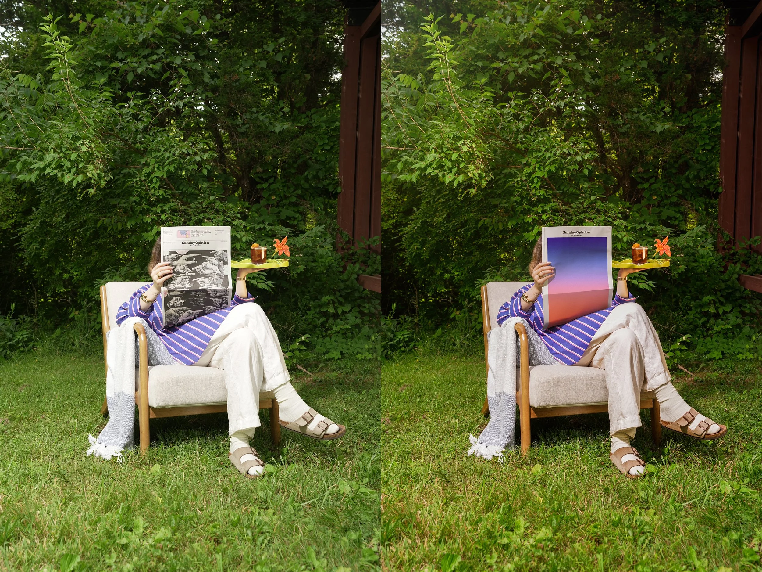 A person sitting outdoors on a white chair holding magazines in front of their face. The background features lush green foliage. The person wears a striped purple and white shirt, beige pants, and sandals. There is a yellow tray with a drink, a flowe