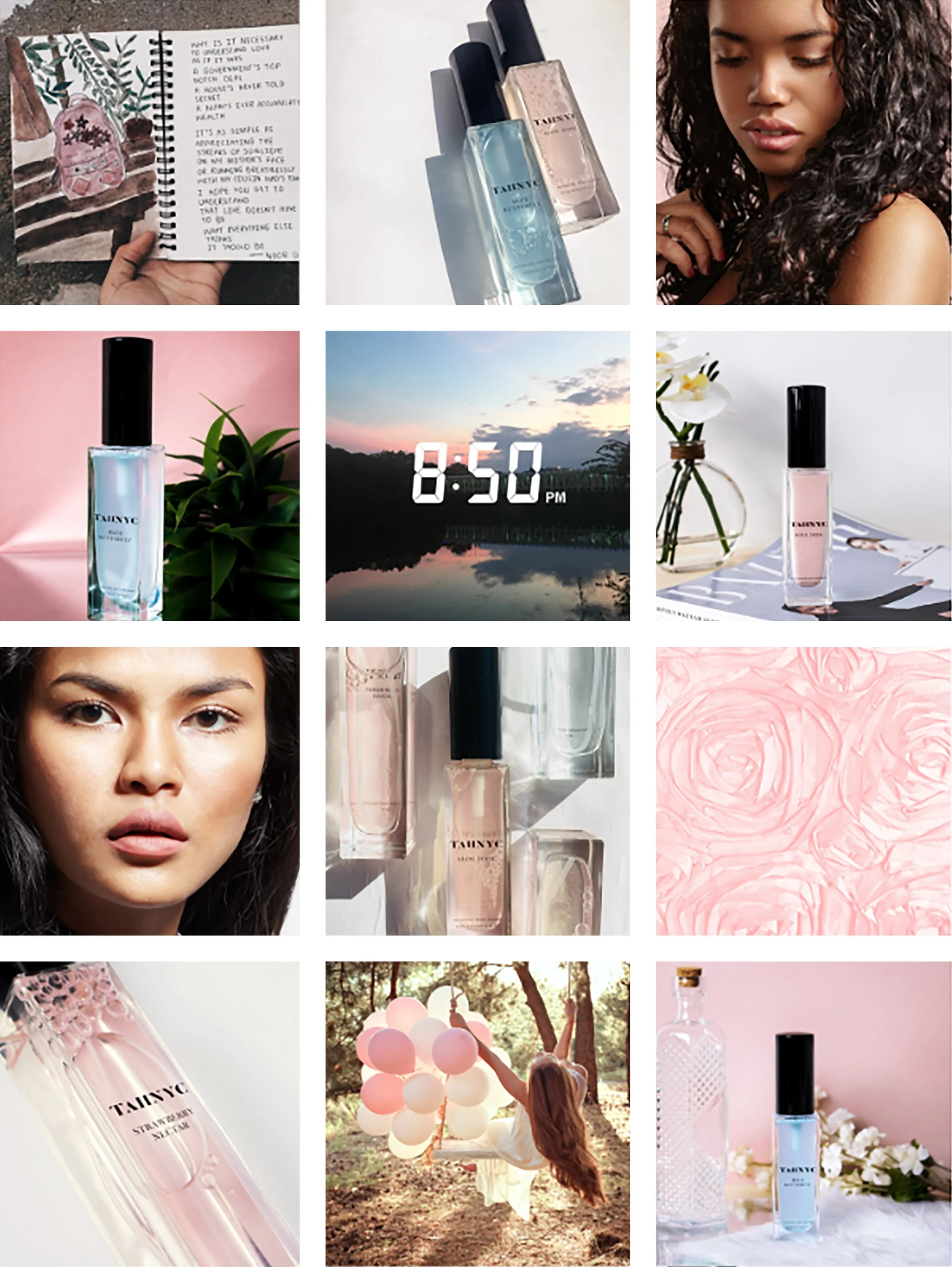 Collection of images featuring beauty and lifestyle scenes, including perfume bottles, a woman with curly hair, a nature scene with a sunset, a brief note in a notebook, and a woman holding pink balloons outdoors, with a dominant pink and pastel colo