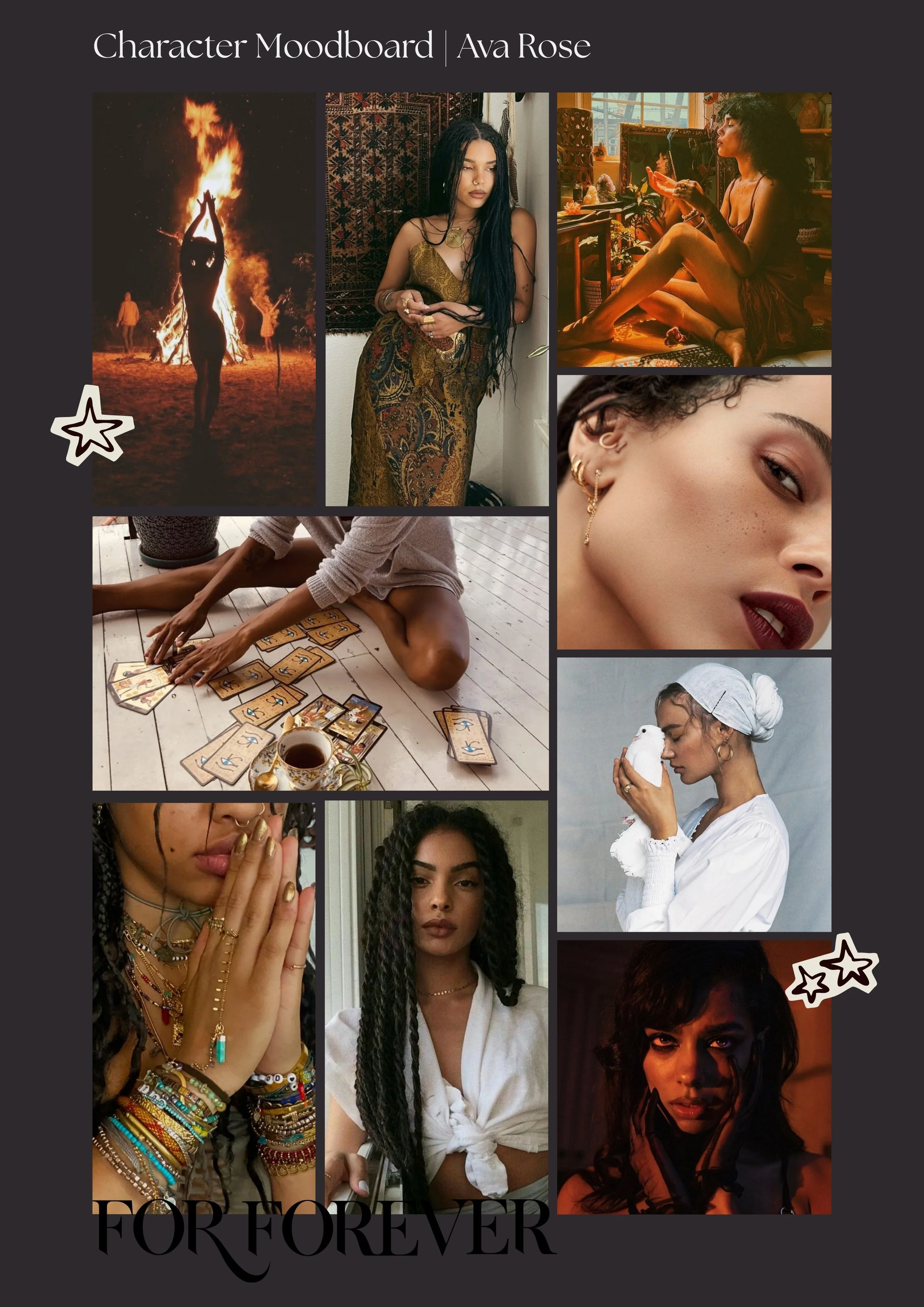 A collage of eight photos featuring a woman with long dark hair, various jewelry, and bohemian or artistic styles. Images include a person standing by a bonfire, a woman indoors in a patterned dress, a woman sitting cross-legged with tarot cards and 