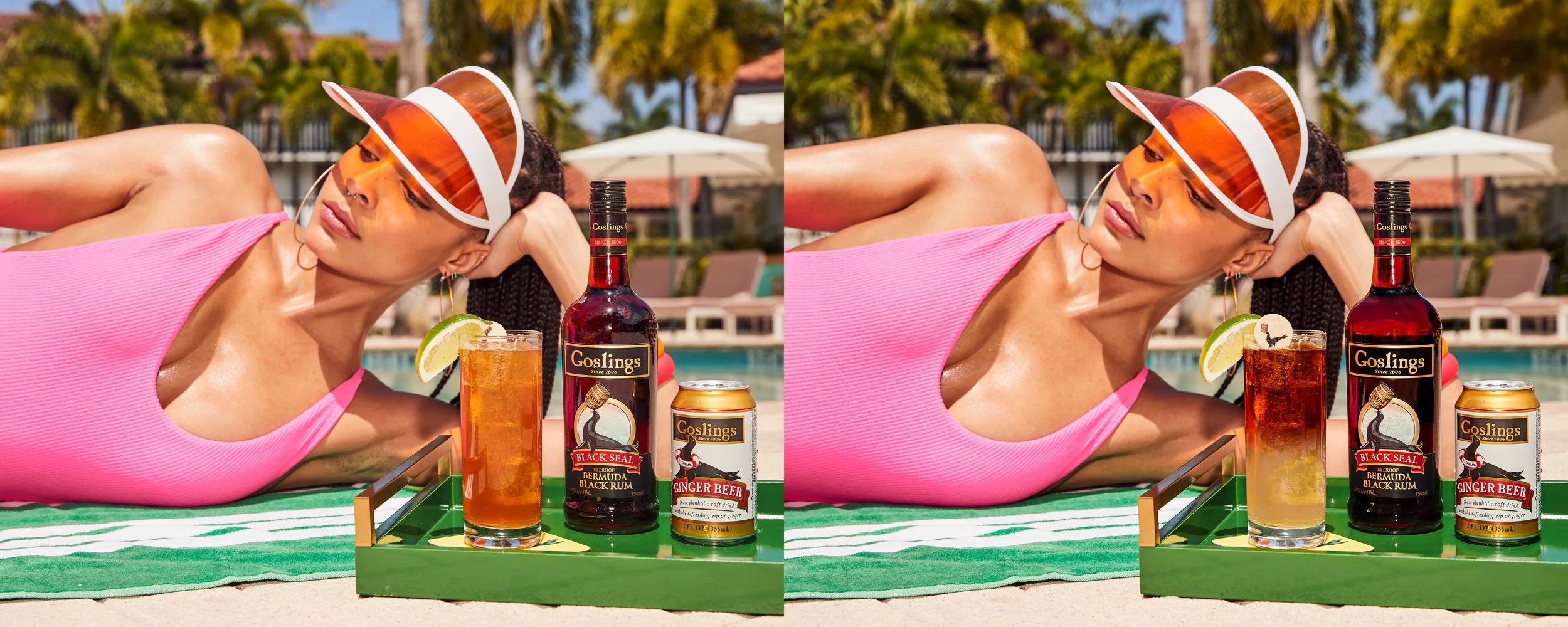 A woman with braided hair wearing a pink top, lying by a swimming pool on a green towel, wearing a sun visor, with a tray of drinks and alcohol bottles nearby.