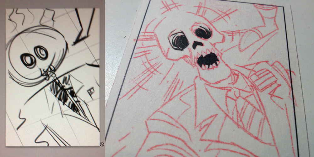 Emmanuel did this thumbnail layout for what became one of my favorite cards in the set.