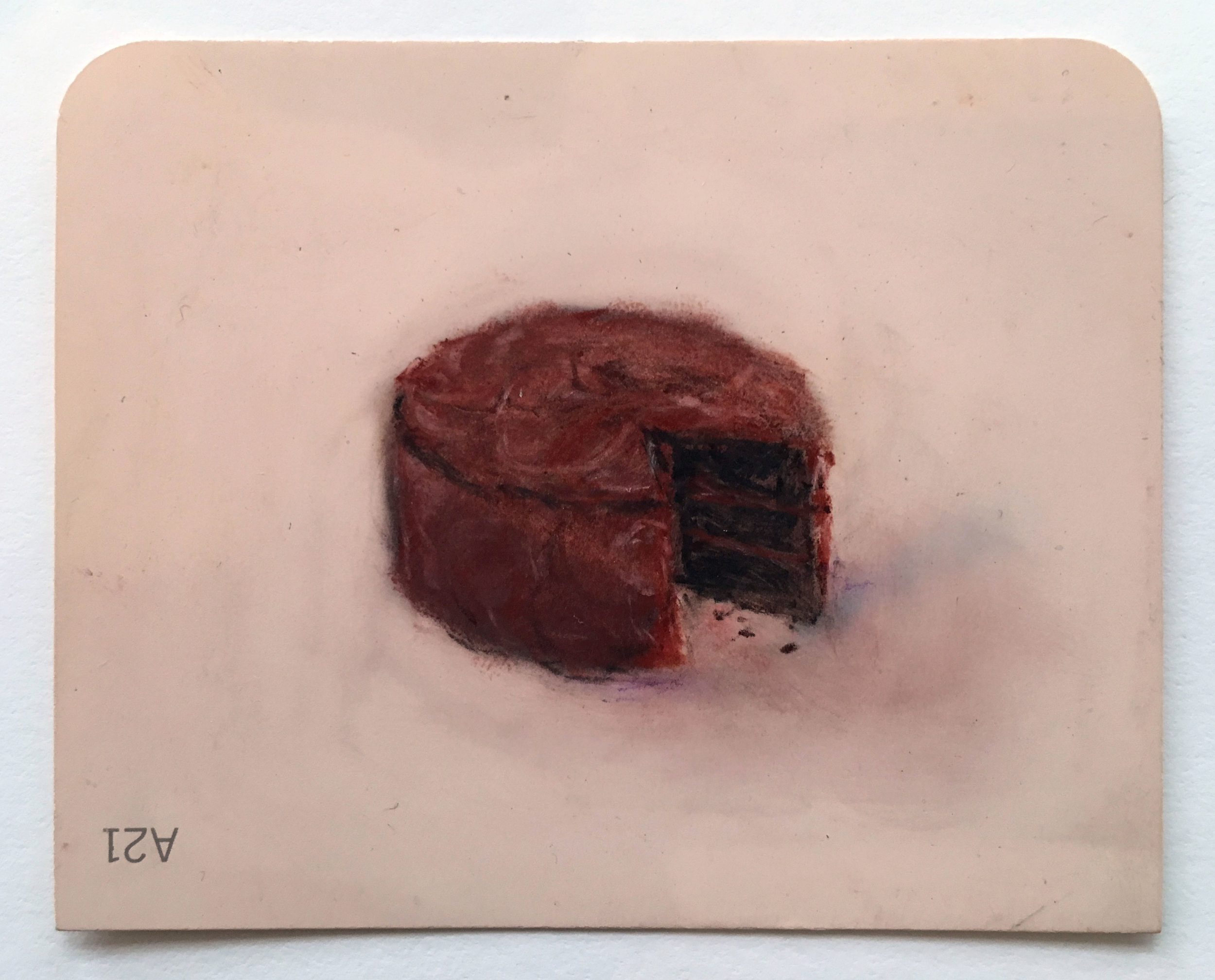  Mie Yim,&nbsp; Chocolate Cake , 2015, Pastel on Martha Stewart Paintchip, 3 x 4 inches 
