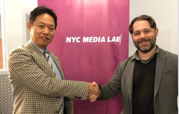Hakuhodo Executive Manager of R&D Masato Aoki with NYC Media Lab Executive Director Justin Hendrix