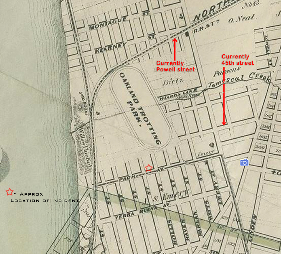 Location of Dennis Cronin murder in Emeryville (late 1800's map)