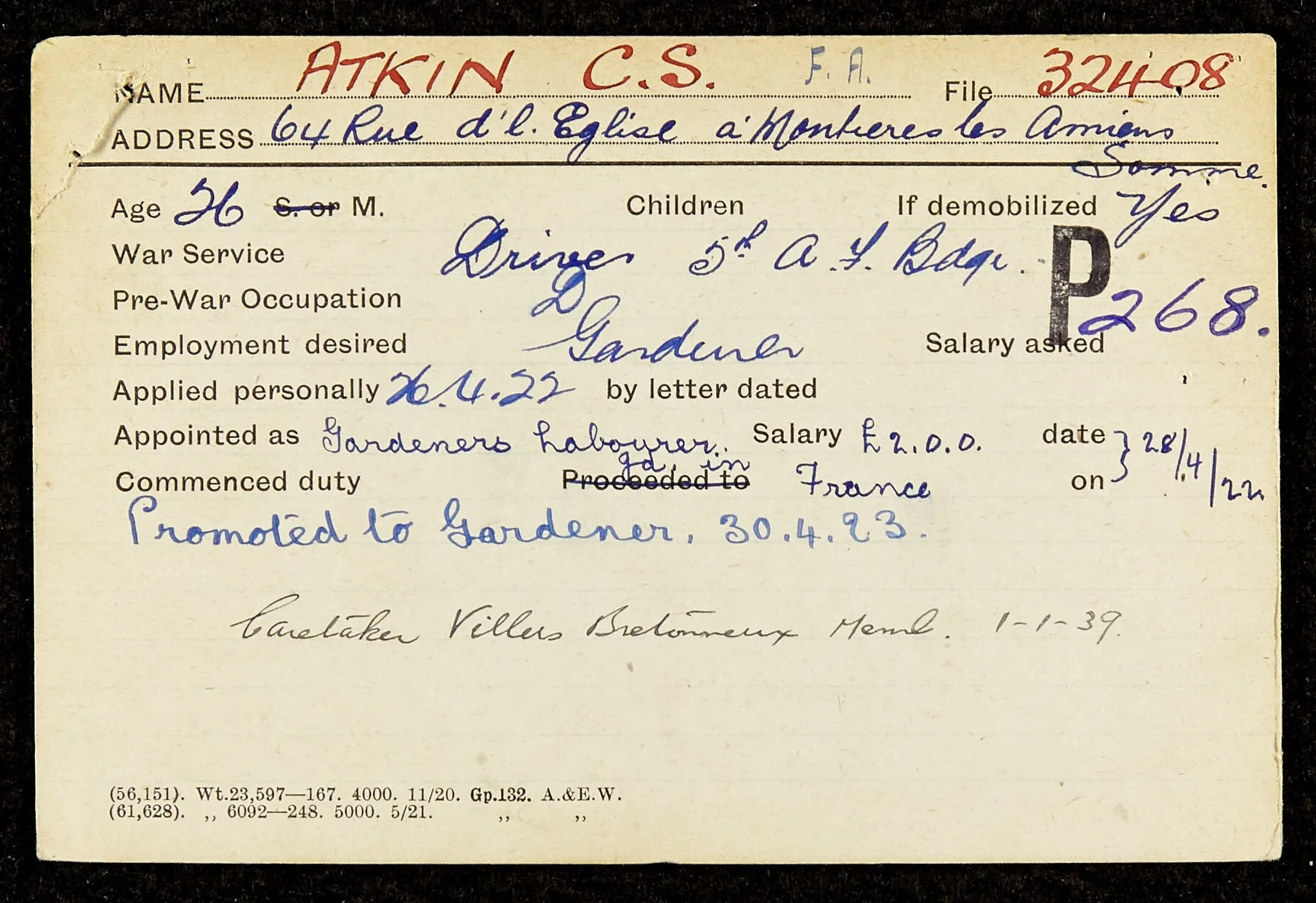 Part of Atkin’s service record from the Commonwealth War Graves Commission.