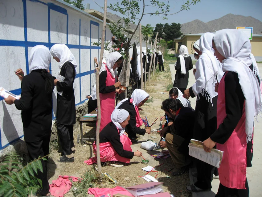 Mini Mobile Circus For Children. Decorating a 70 meter wall at Roxana girls school in Kabul, 2010