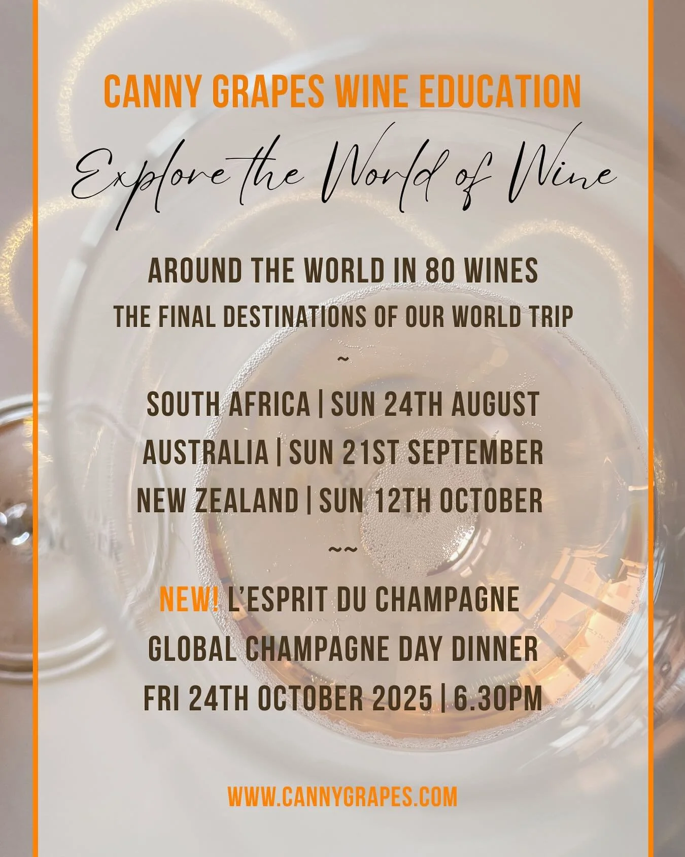 🍷🥂🍾 new dates just released 🔥

The final three destinations 
🇿🇦🐘South Africa 🇦🇺🦘Australia 🇳🇿🐏New Zealand making our &lsquo;Around the World in 80 Wines&rsquo; complete.

🇫🇷 L&rsquo;Esprit Du Champagne Dinner - a much anticipated Champa
