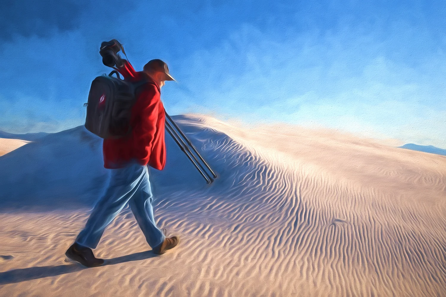 Walking out onto the dunes with my camera and tripod at White Sands National Monument.