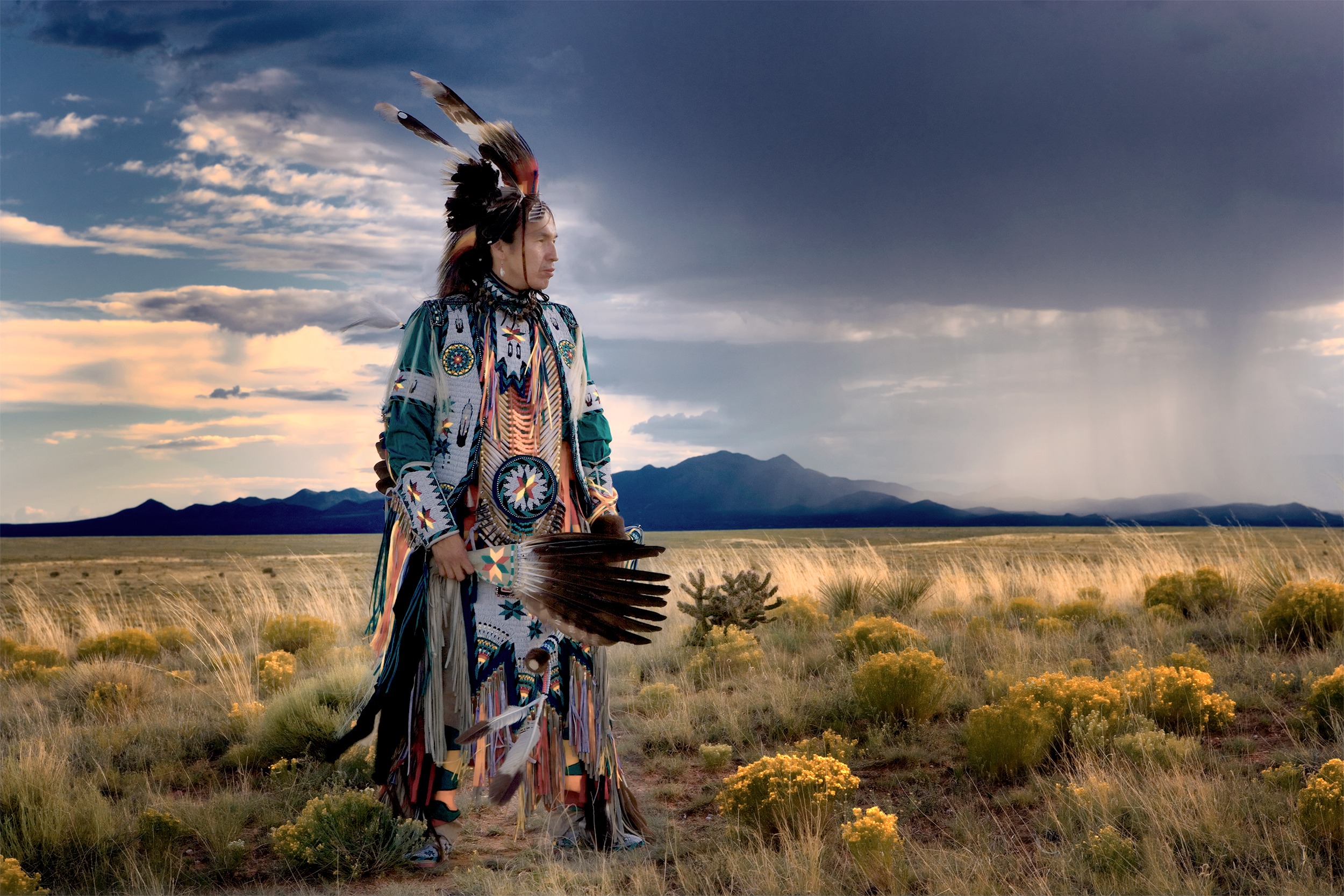 Omaha Indian Dancer Anthony and Approaching Storm, Summer, San Marcos, NM, 2007